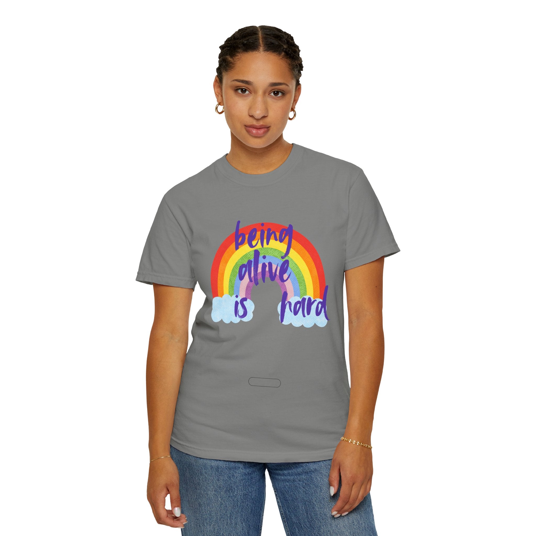 Rainbow 'Being alive is hard' Unisex T-shirt, Quote Tee, Graphic Shirt, Colorful Top, LGBTQ Pride Apparel