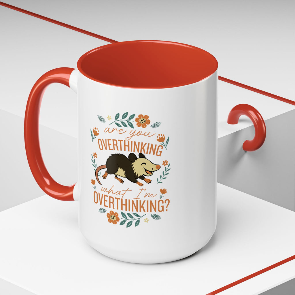 Playful Possum Floral Accent Coffee Mug — "Are You Overthinking What I'm Overthinking?"