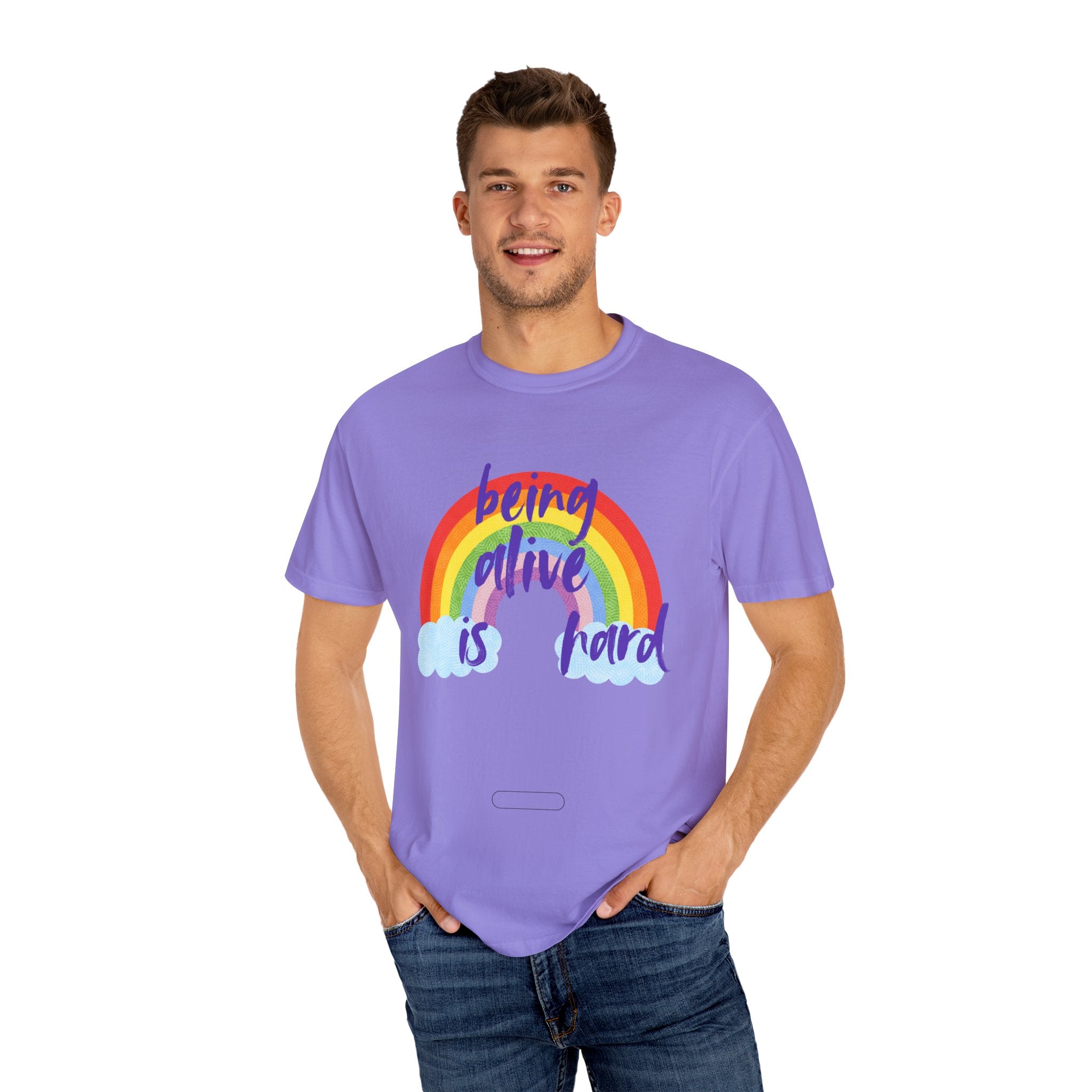 Rainbow 'Being alive is hard' Unisex T-shirt, Quote Tee, Graphic Shirt, Colorful Top, LGBTQ Pride Apparel