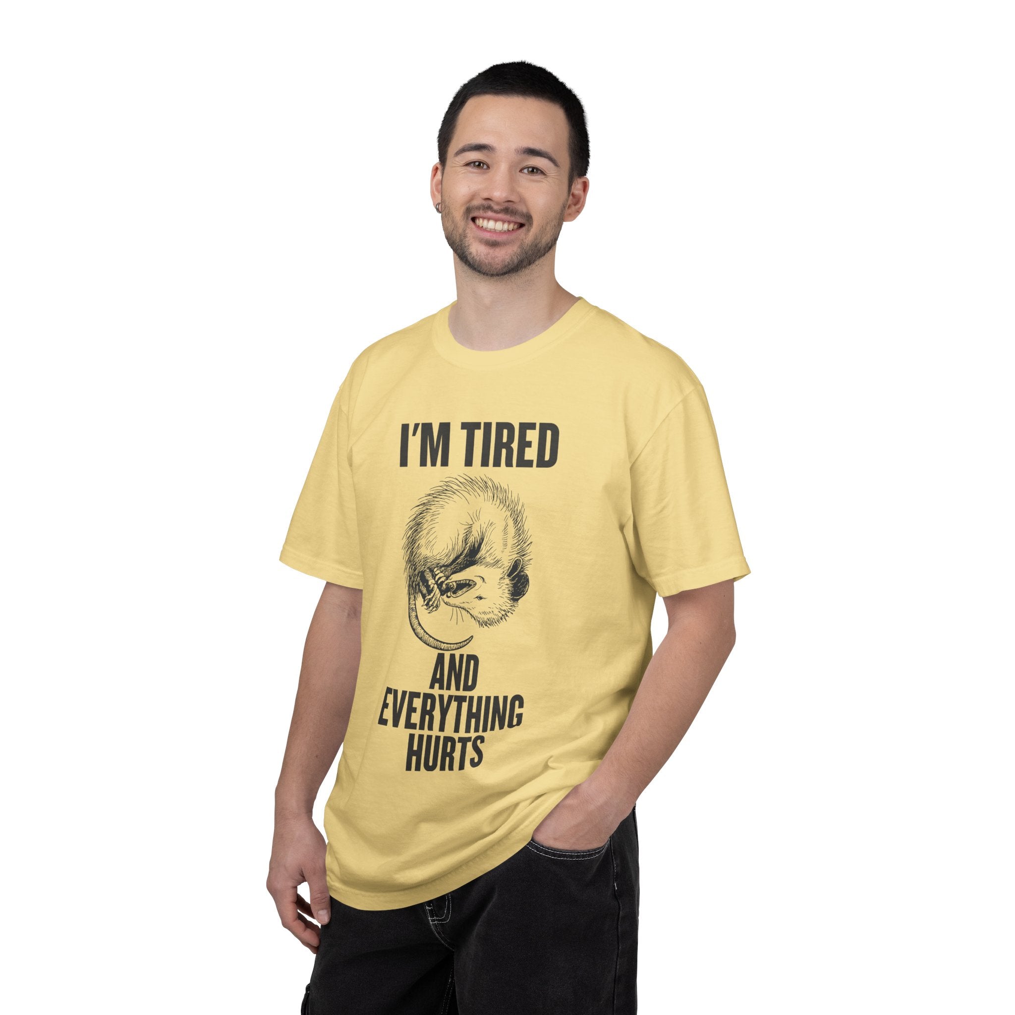 “I’m Tired And Everything Hurts” Sarcastic T-Shirt — Funny Aging Sleepy Possum Tee