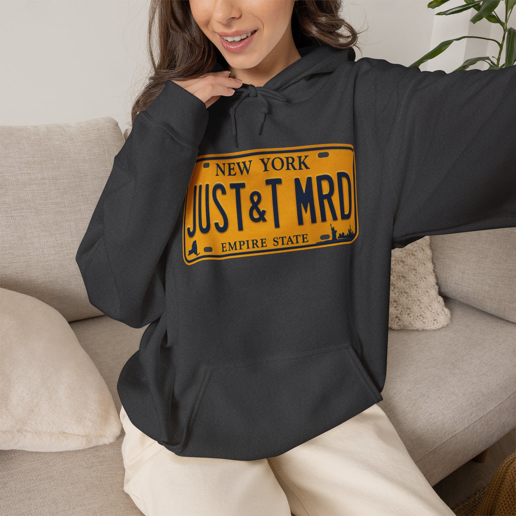 Hoodie — New York License Plate "JUST & MRD" Graphic