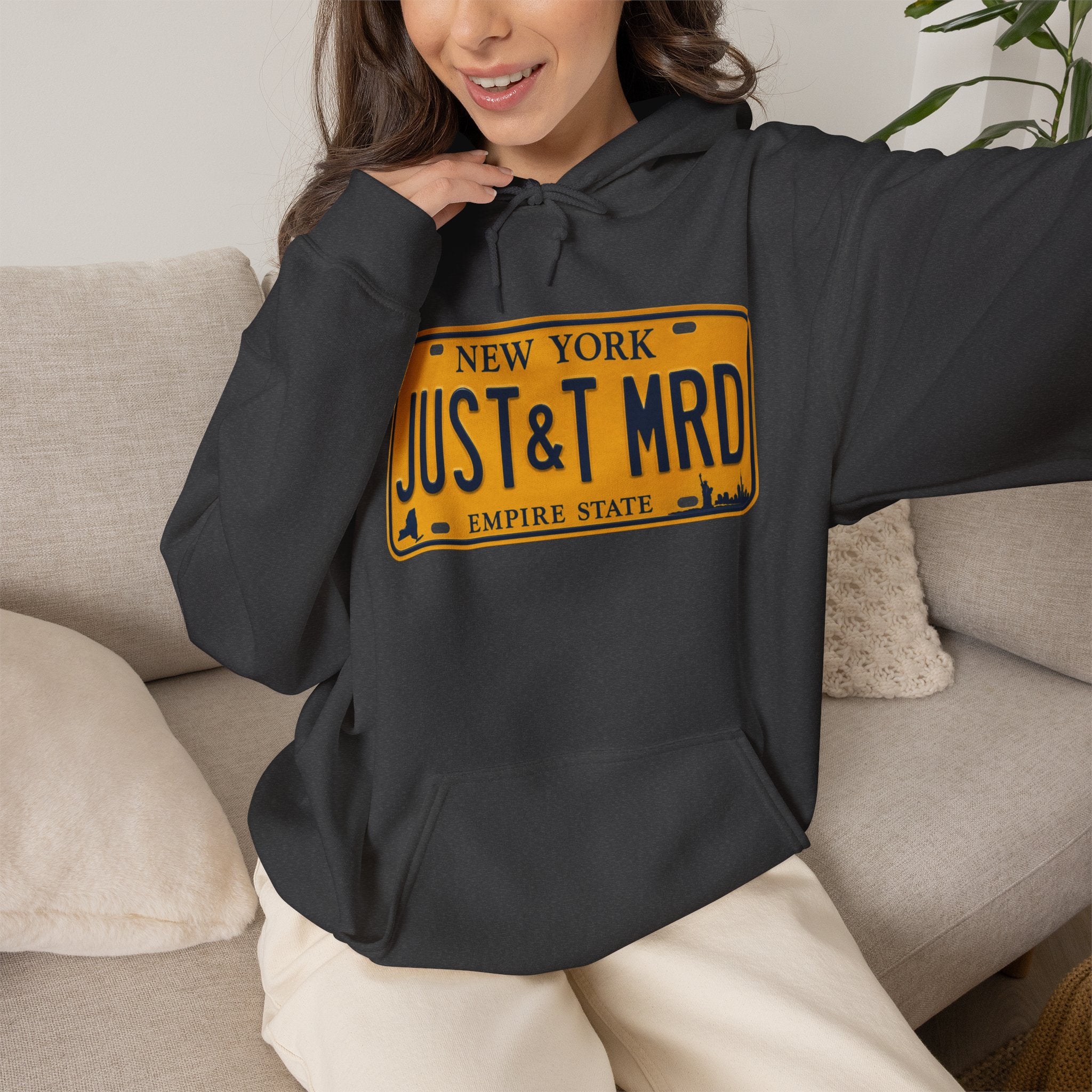 Hoodie — New York License Plate "JUST & MRD" Graphic