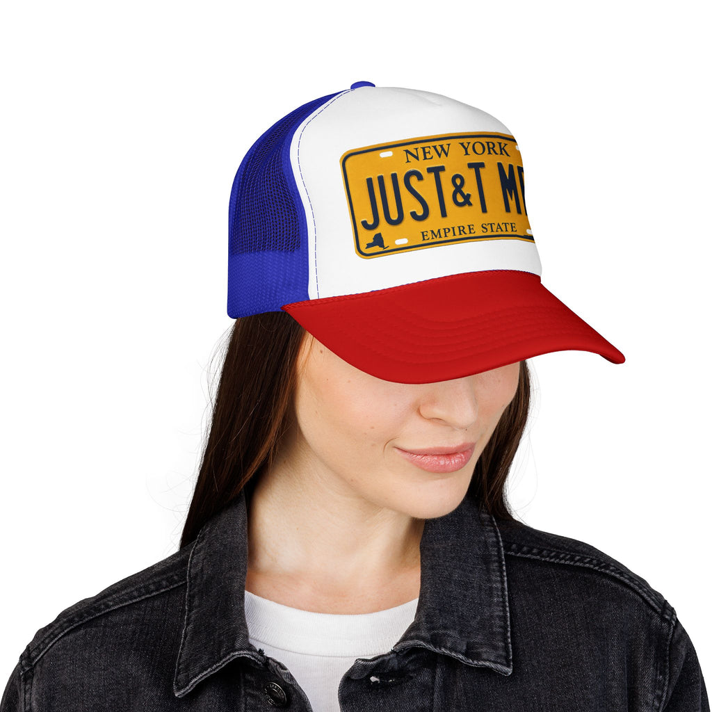 Foam Trucker Hat – Vintage New York License Plate “JUST&T MRD”