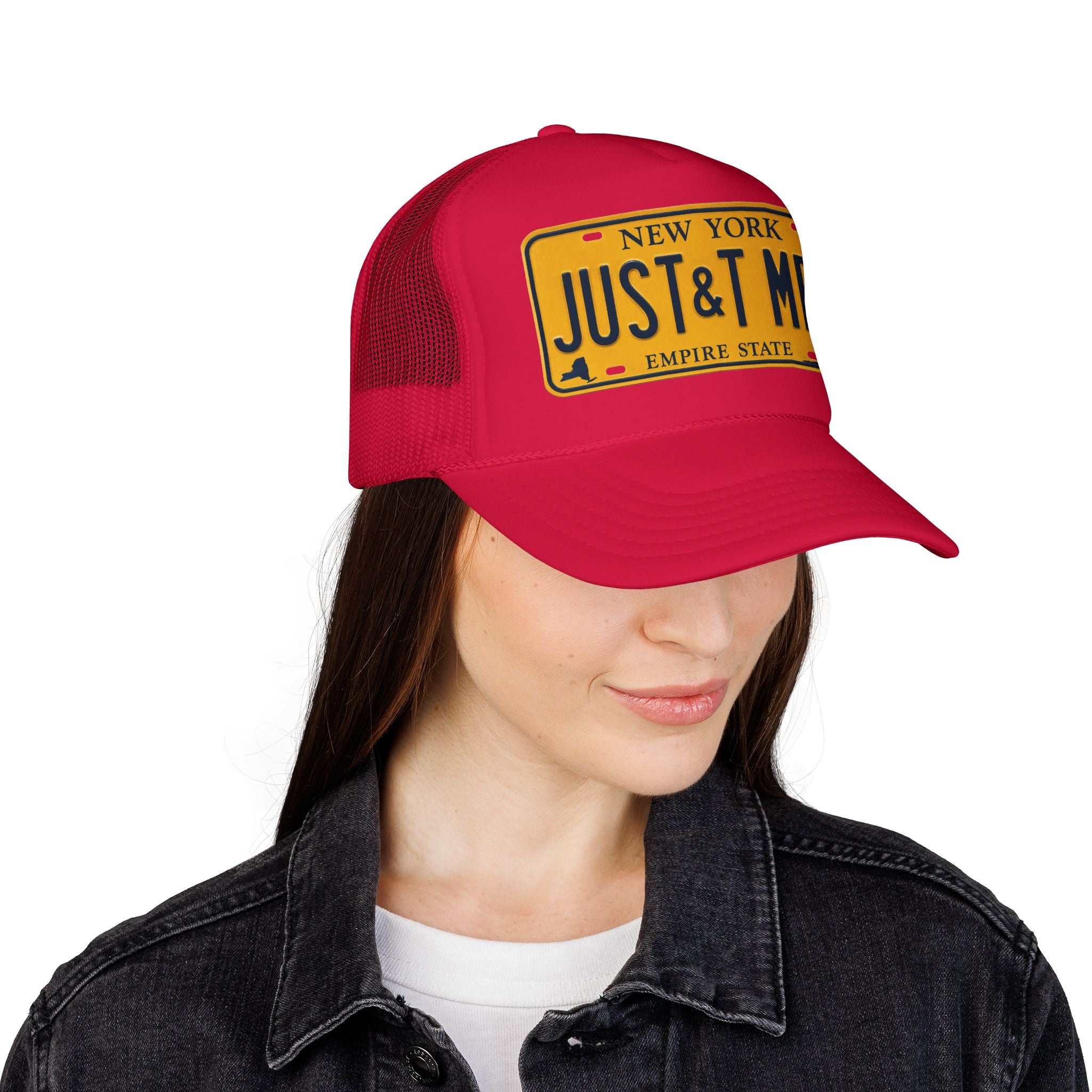 Foam Trucker Hat – Vintage New York License Plate “JUST&T MRD”