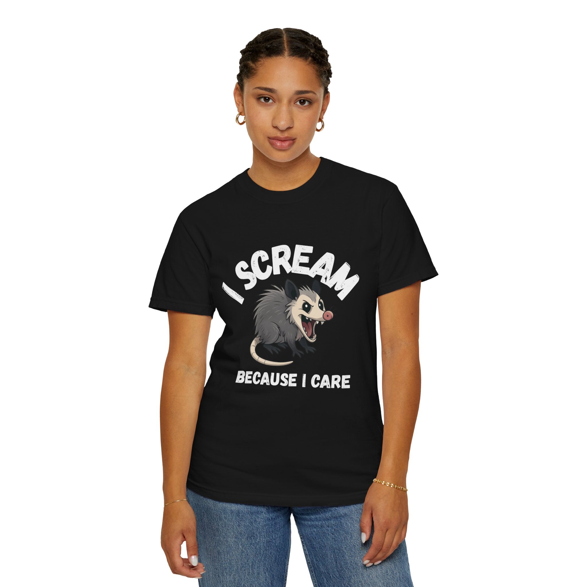 I Scream Because I Care Screaming Possum T-Shirt — Funny Wildlife Rescue Tee