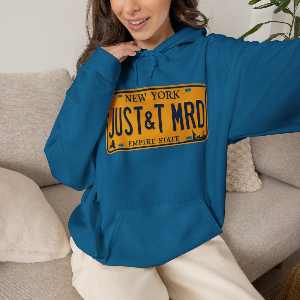 Hoodie — New York License Plate "JUST & MRD" Graphic
