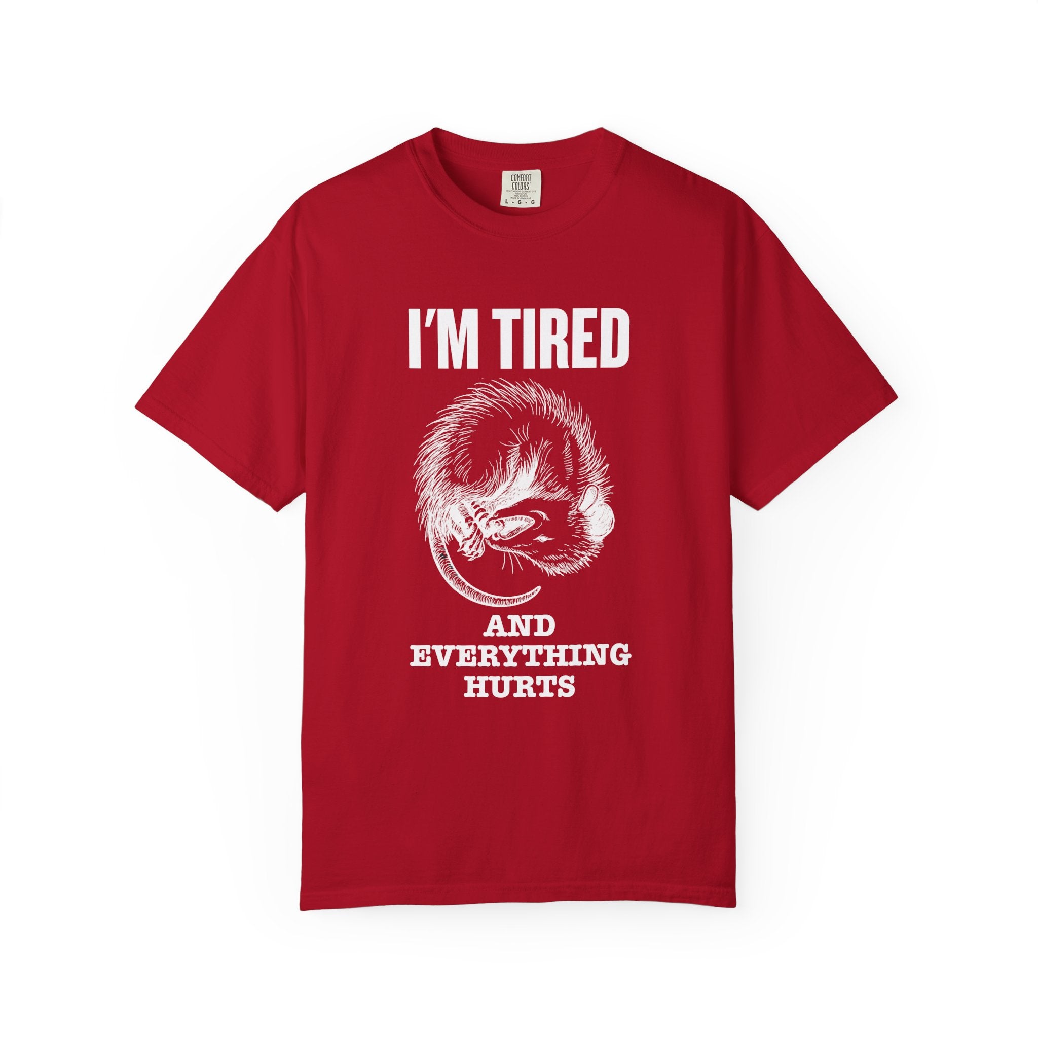 “I’m Tired And Everything Hurts” Sarcastic T-Shirt — Funny Aging Sleepy Possum Tee
