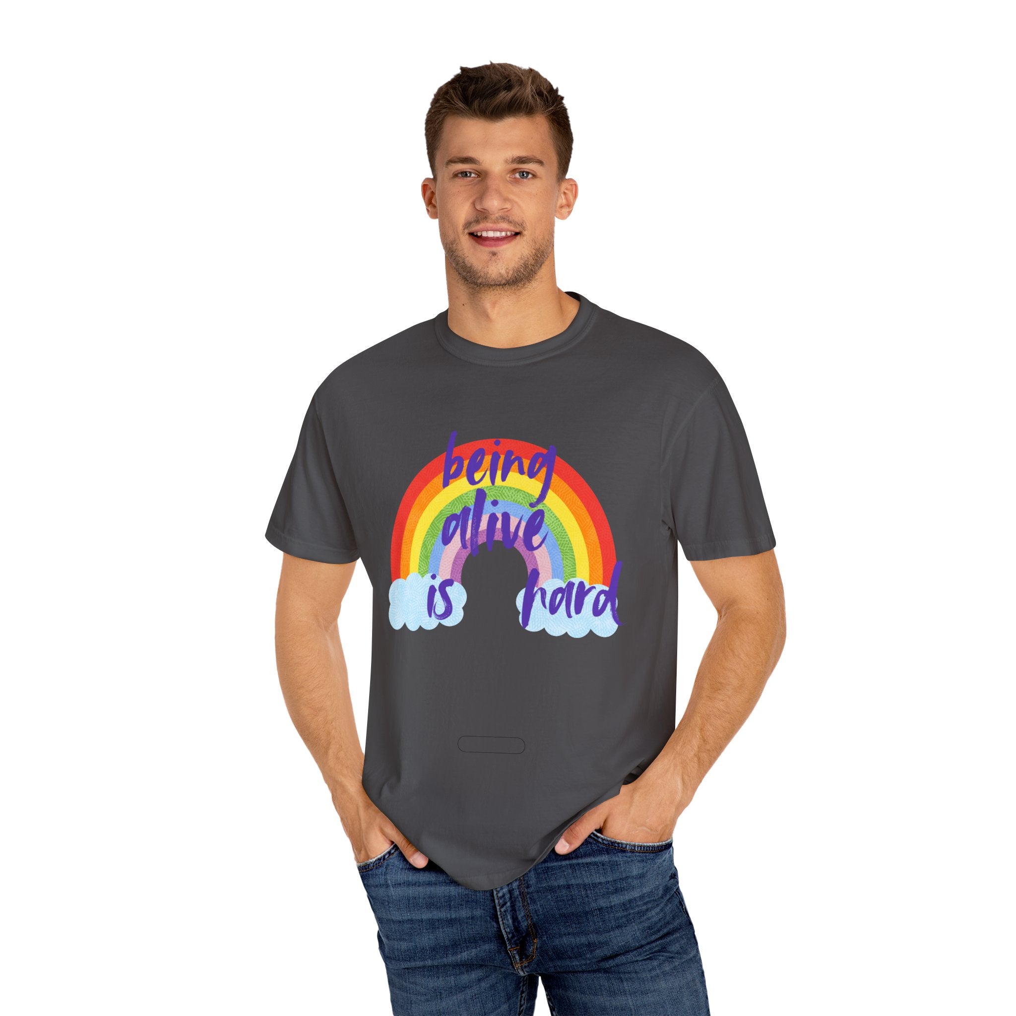 Rainbow 'Being alive is hard' Unisex T-shirt, Quote Tee, Graphic Shirt, Colorful Top, LGBTQ Pride Apparel