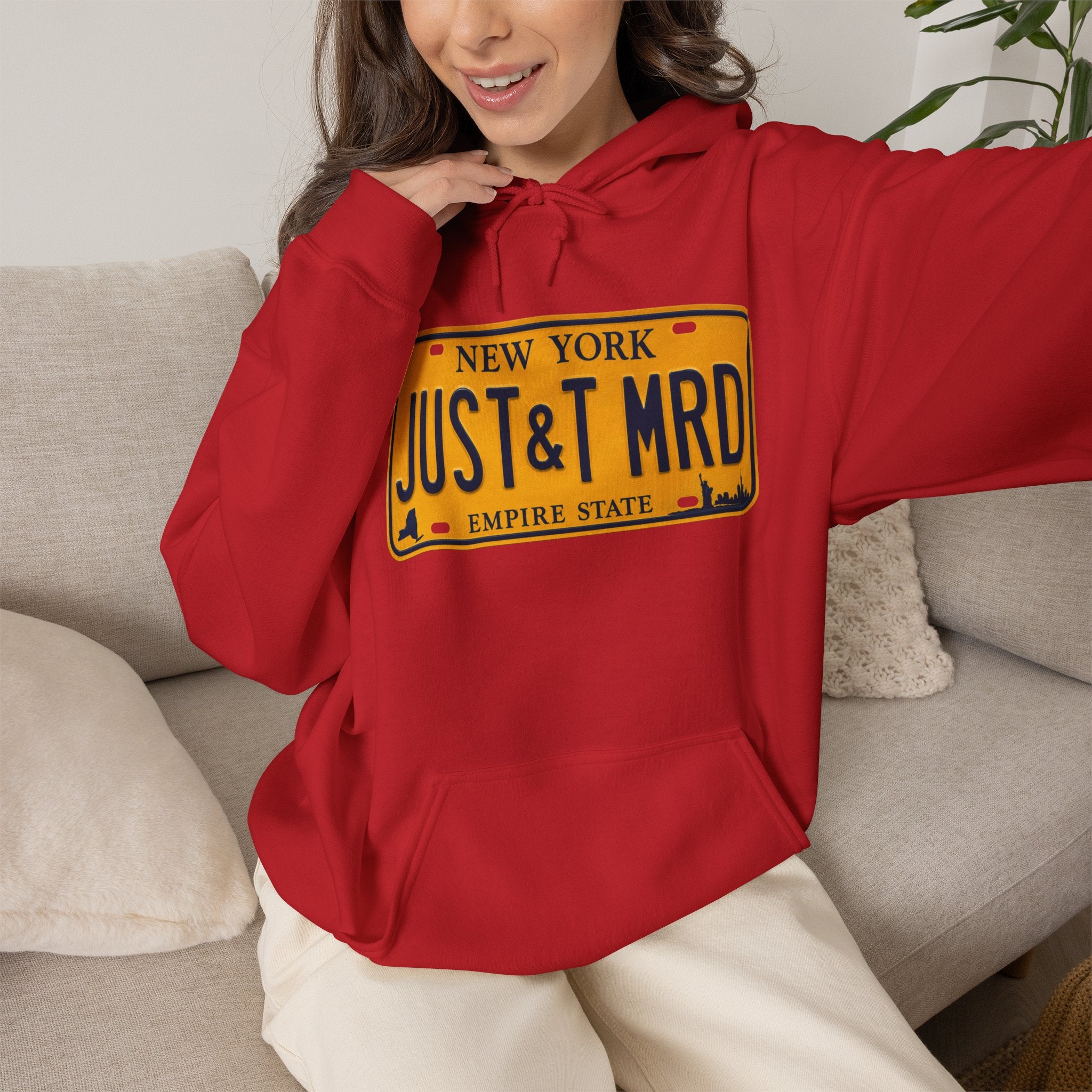 Hoodie — New York License Plate "JUST & MRD" Graphic