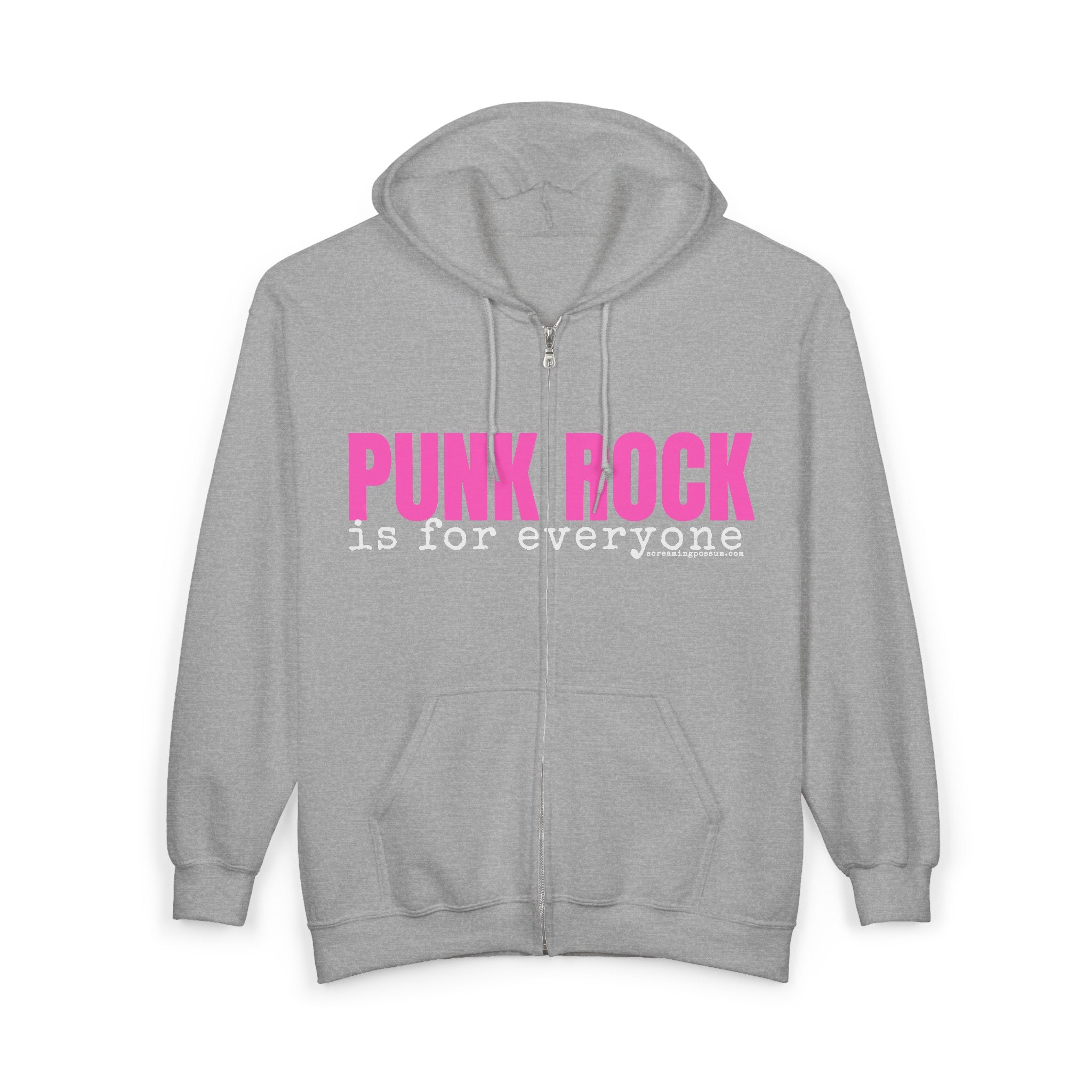 Punk Rock Is For Everyone Zip Hoodie — Bold Pink Graphic Full-Zip Sweatshirt