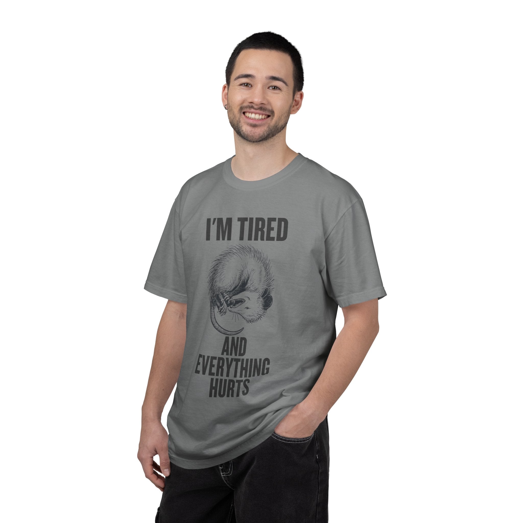 “I’m Tired And Everything Hurts” Sarcastic T-Shirt — Funny Aging Sleepy Possum Tee