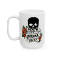 Death Before Decaf Ceramic Mug — Skull & Roses Tattoo-Style Coffee Cup