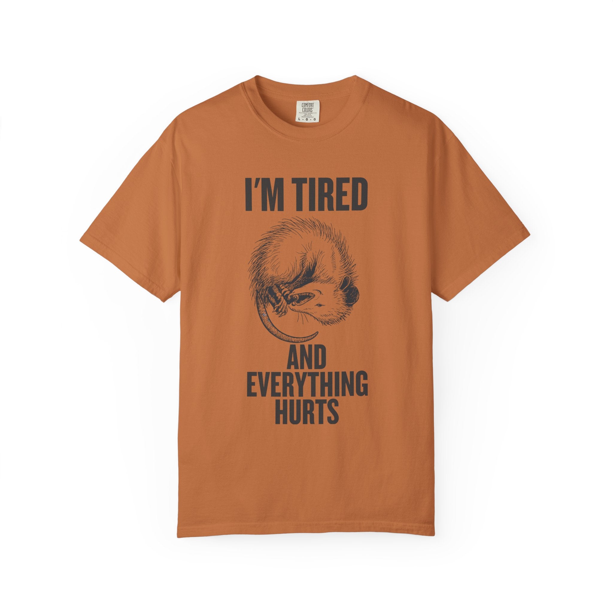 “I’m Tired And Everything Hurts” Sarcastic T-Shirt — Funny Aging Sleepy Possum Tee