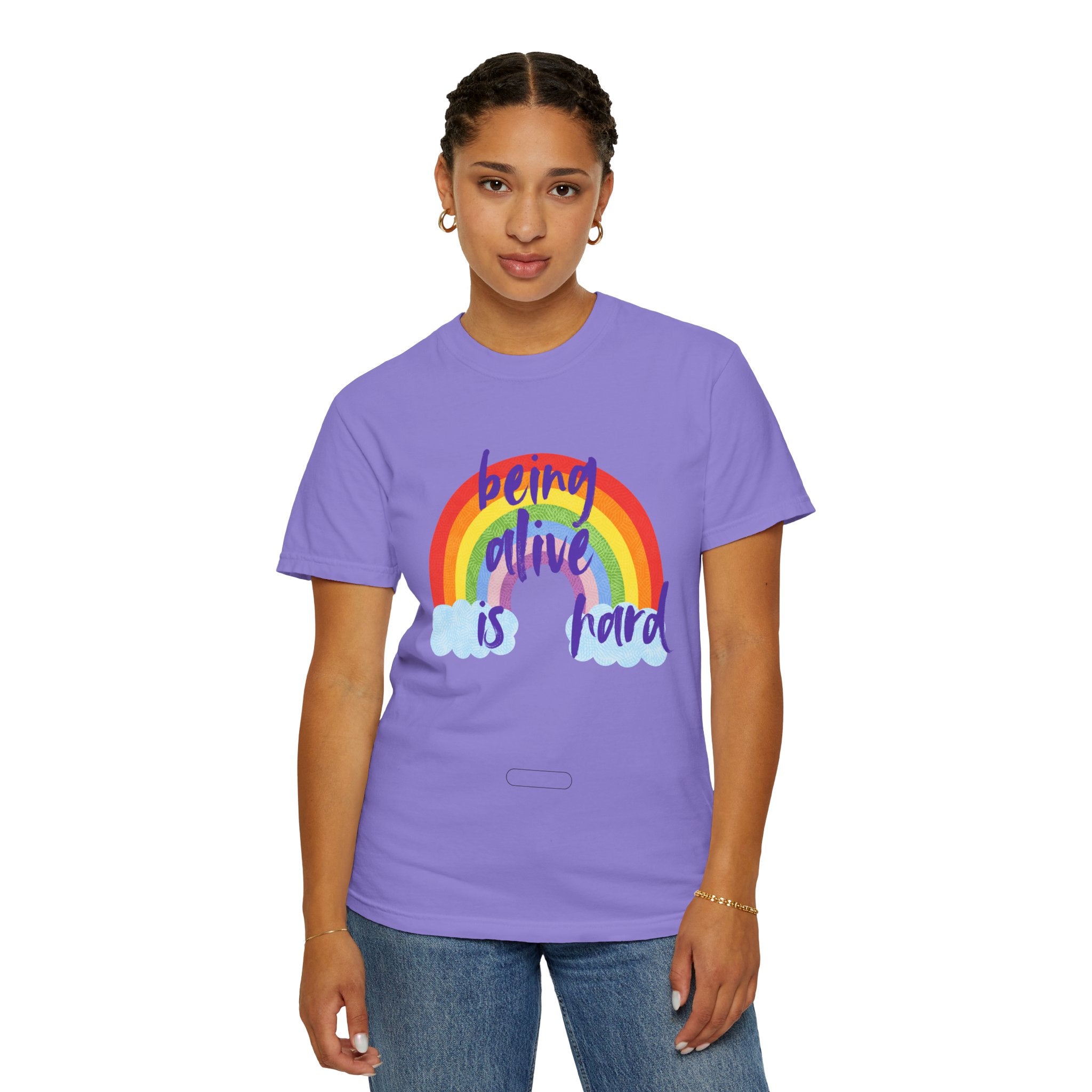Rainbow 'Being alive is hard' Unisex T-shirt, Quote Tee, Graphic Shirt, Colorful Top, LGBTQ Pride Apparel