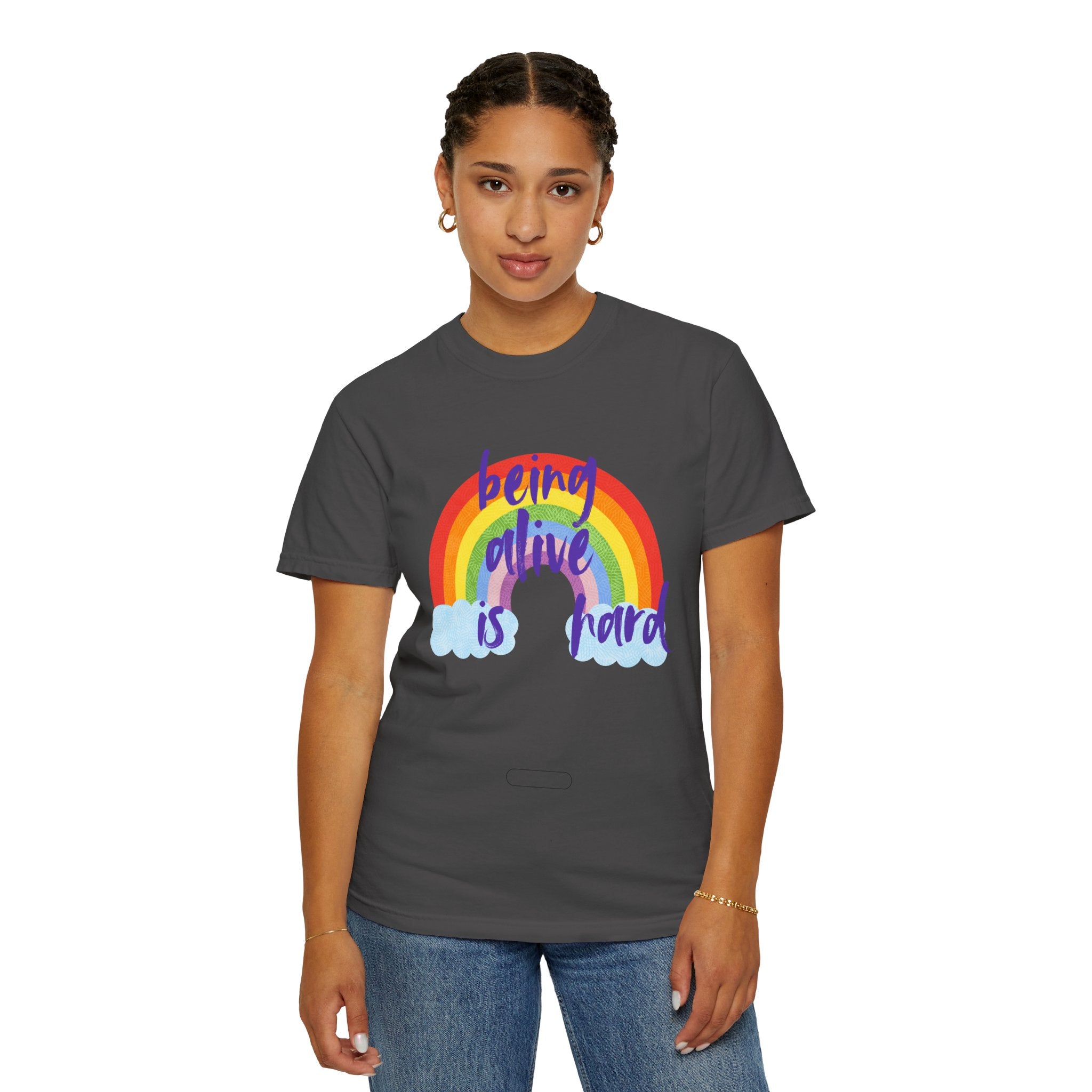 Rainbow 'Being alive is hard' Unisex T-shirt, Quote Tee, Graphic Shirt, Colorful Top, LGBTQ Pride Apparel