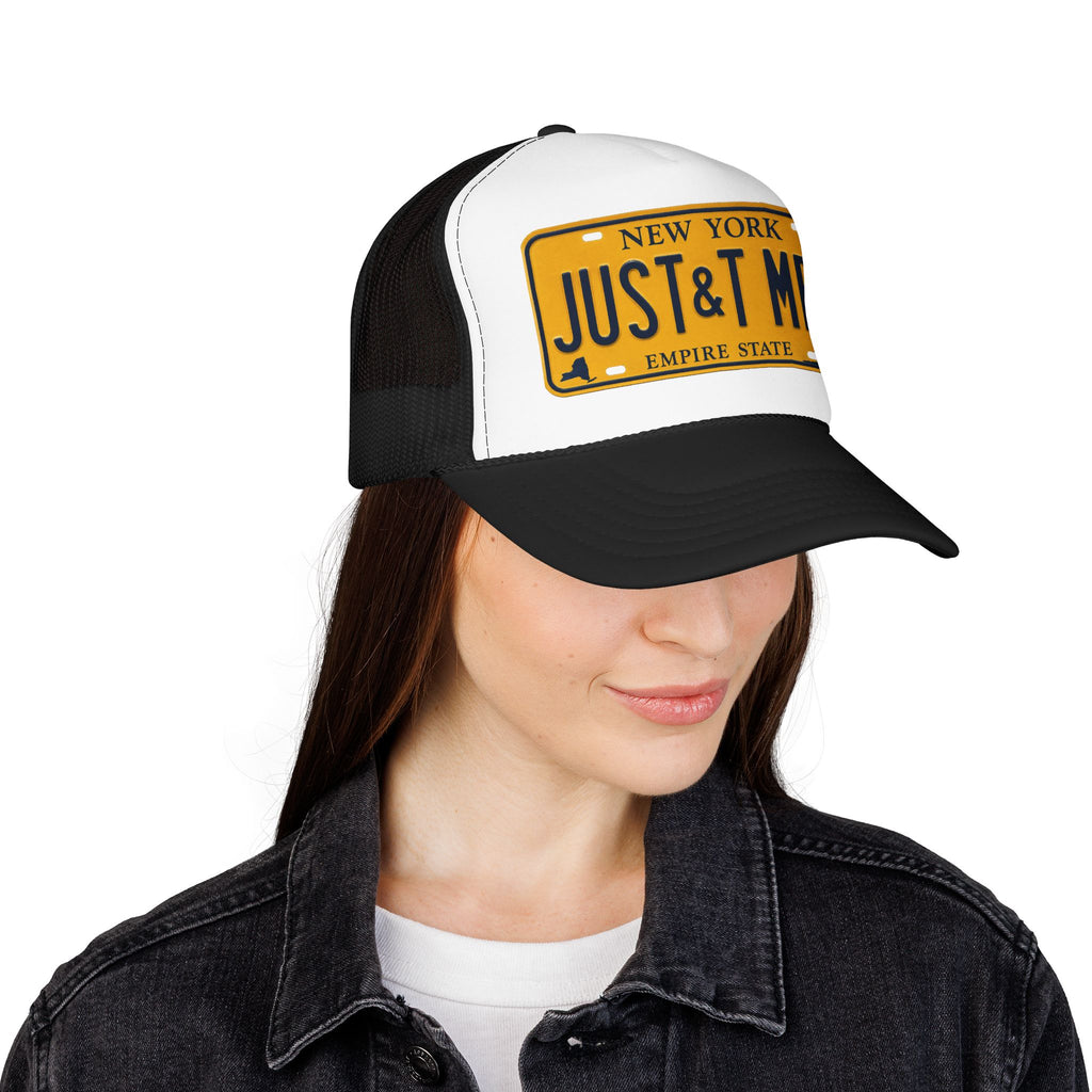 Foam Trucker Hat – Vintage New York License Plate “JUST&T MRD”