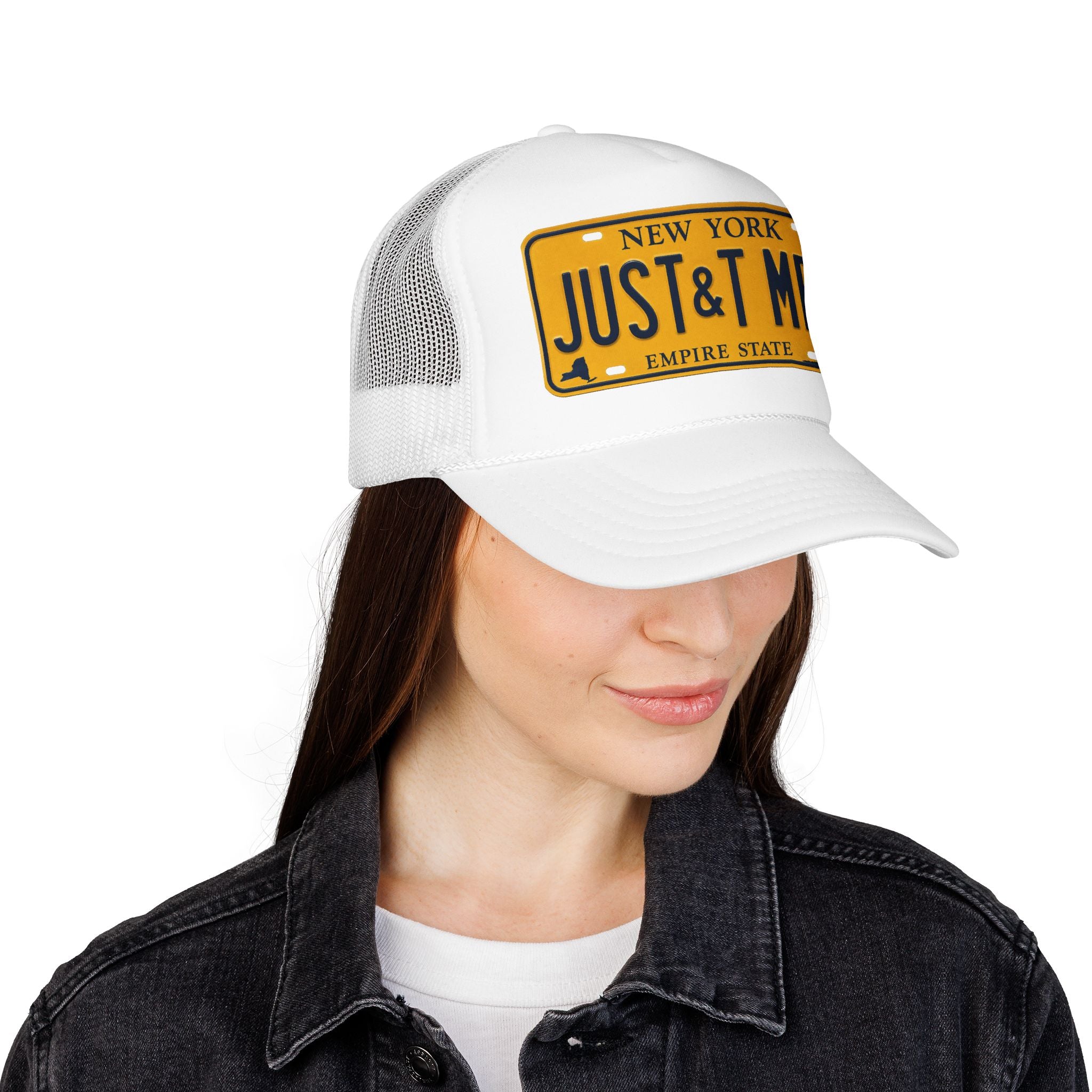 Foam Trucker Hat – Vintage New York License Plate “JUST&T MRD”