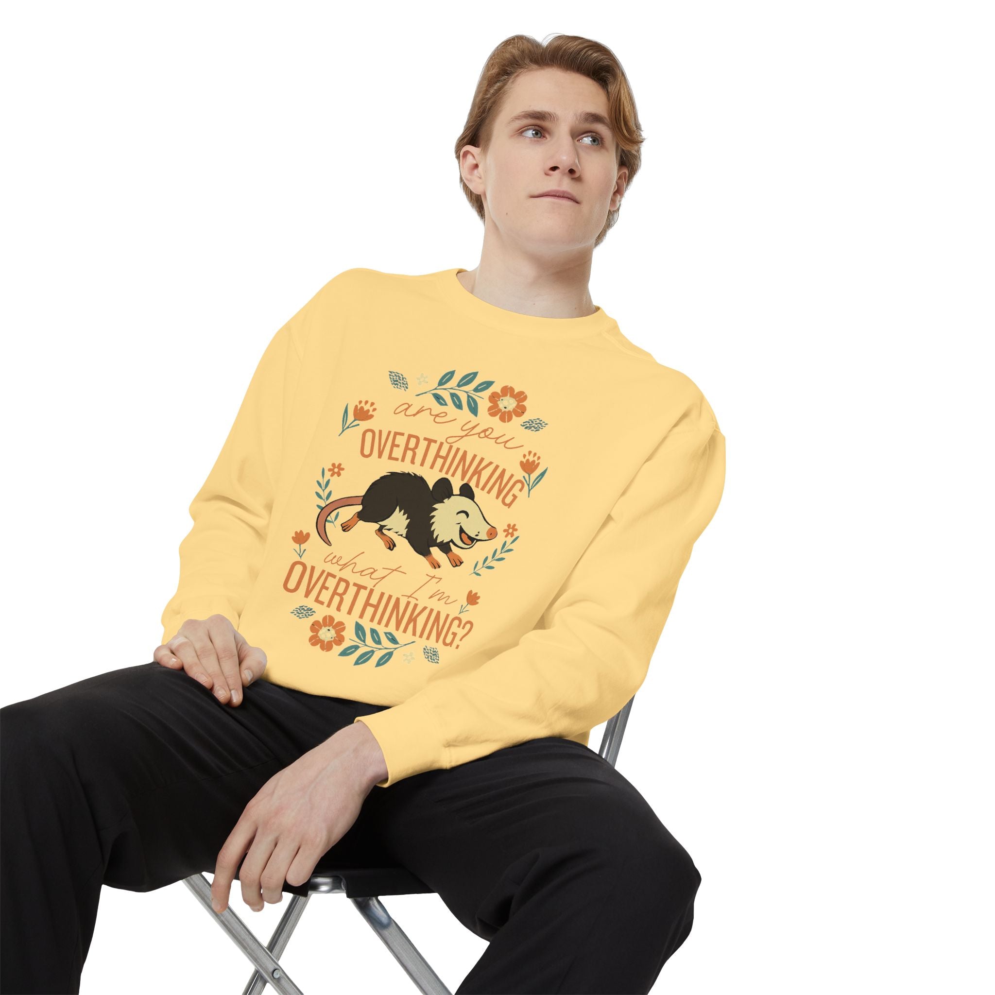 Funny Possum Sweatshirt — "Are You Overthinking What I'm Overthinking?" Crew Neck Sweathsirt from Comfort Colors