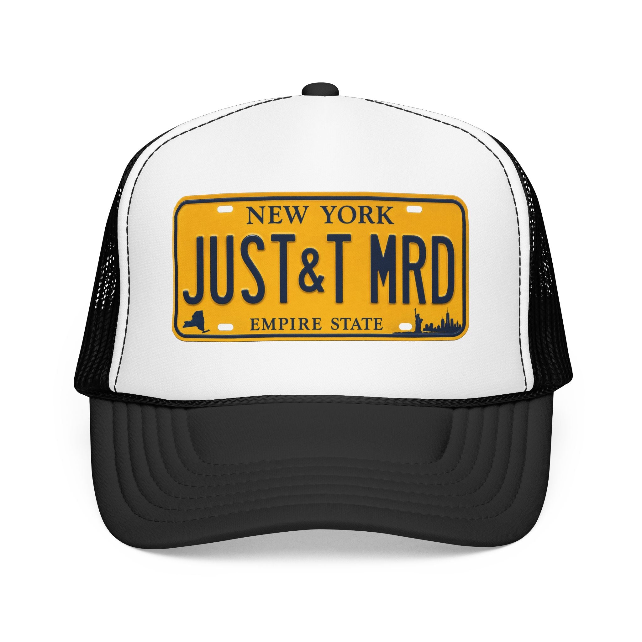 Foam Trucker Hat – Vintage New York License Plate “JUST&T MRD”