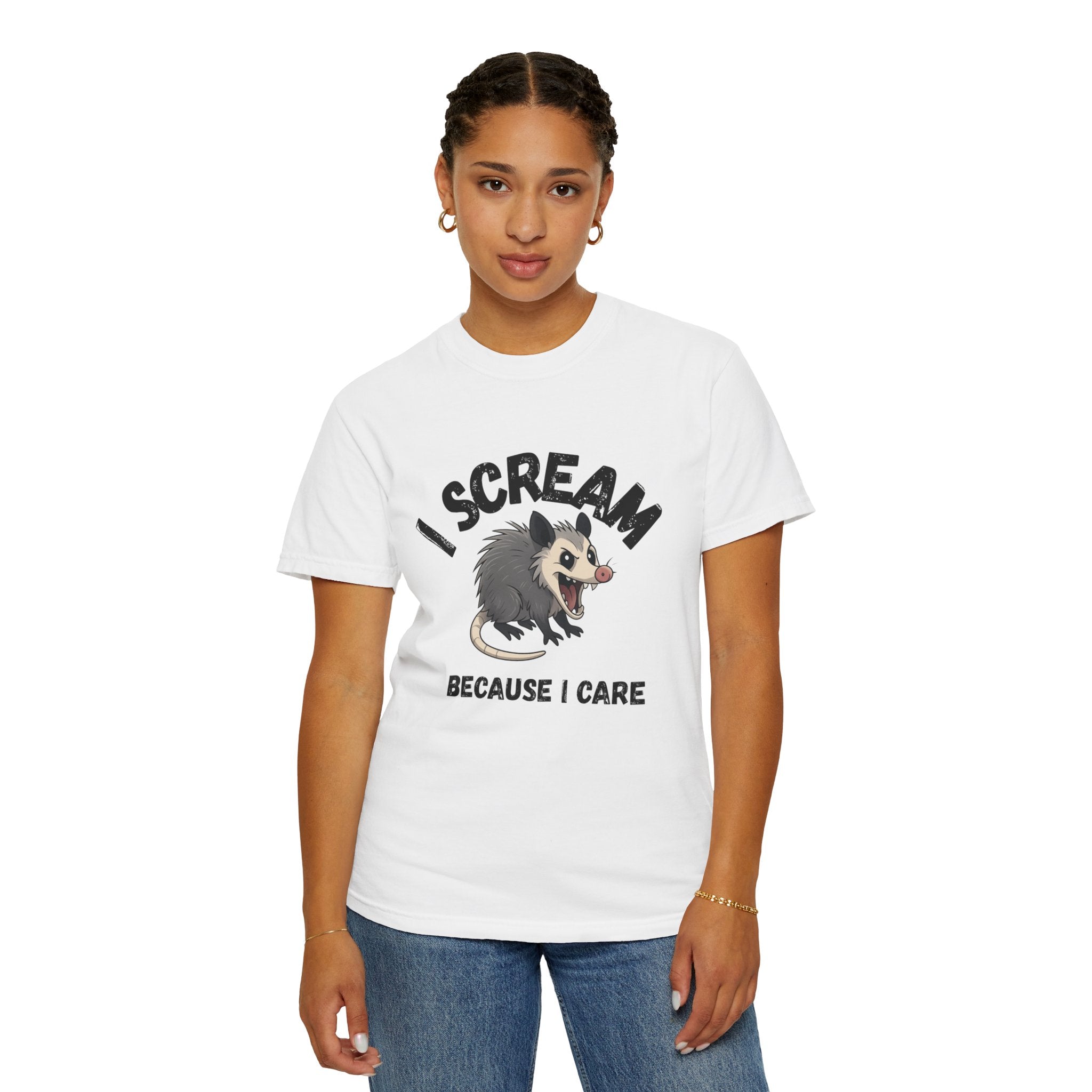I Scream Because I Care Screaming Possum T-Shirt — Funny Wildlife Rescue Tee