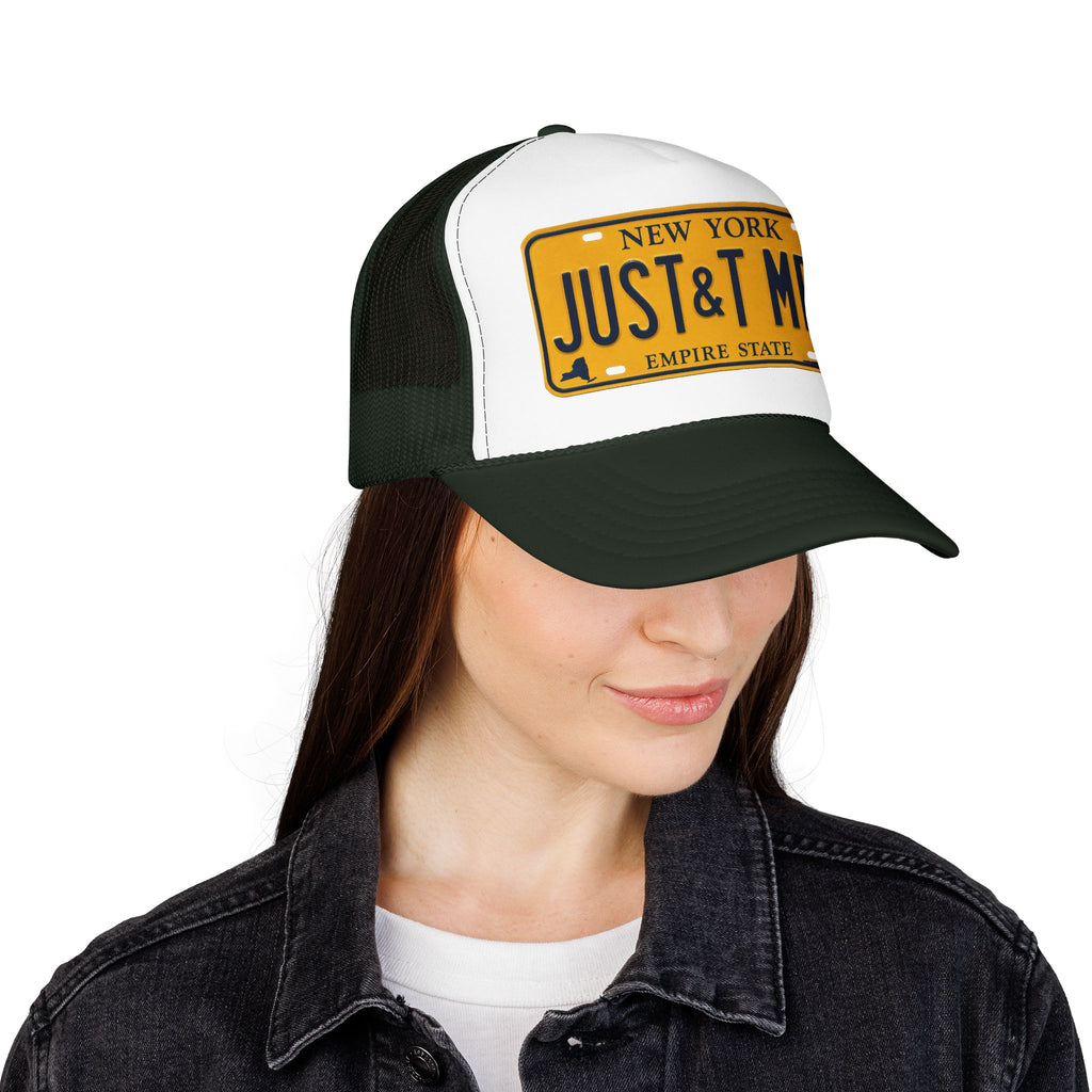 Foam Trucker Hat – Vintage New York License Plate “JUST&T MRD”