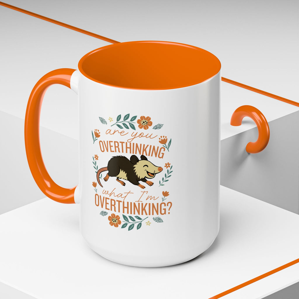 Playful Possum Floral Accent Coffee Mug — "Are You Overthinking What I'm Overthinking?"