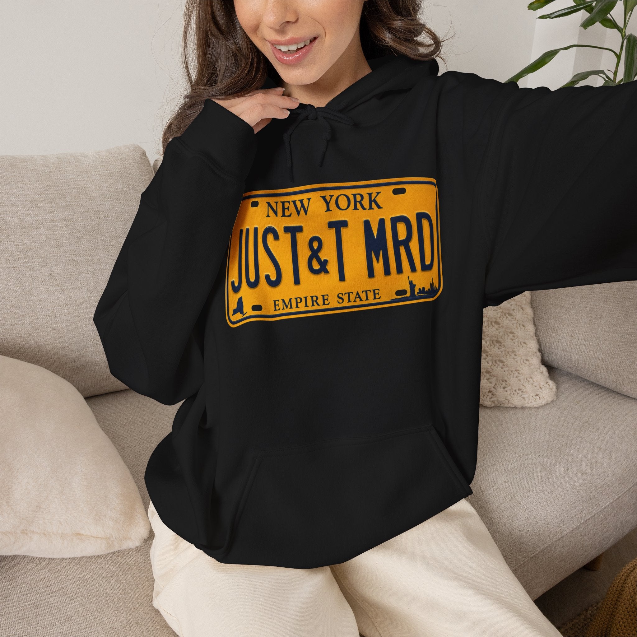 Hoodie — New York License Plate "JUST & MRD" Graphic