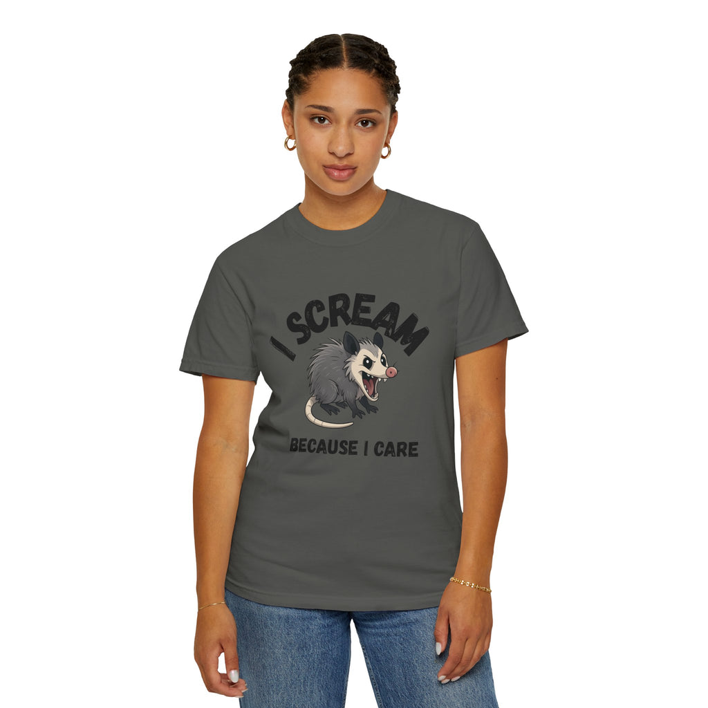 I Scream Because I Care Screaming Possum T-Shirt — Funny Wildlife Rescue Tee