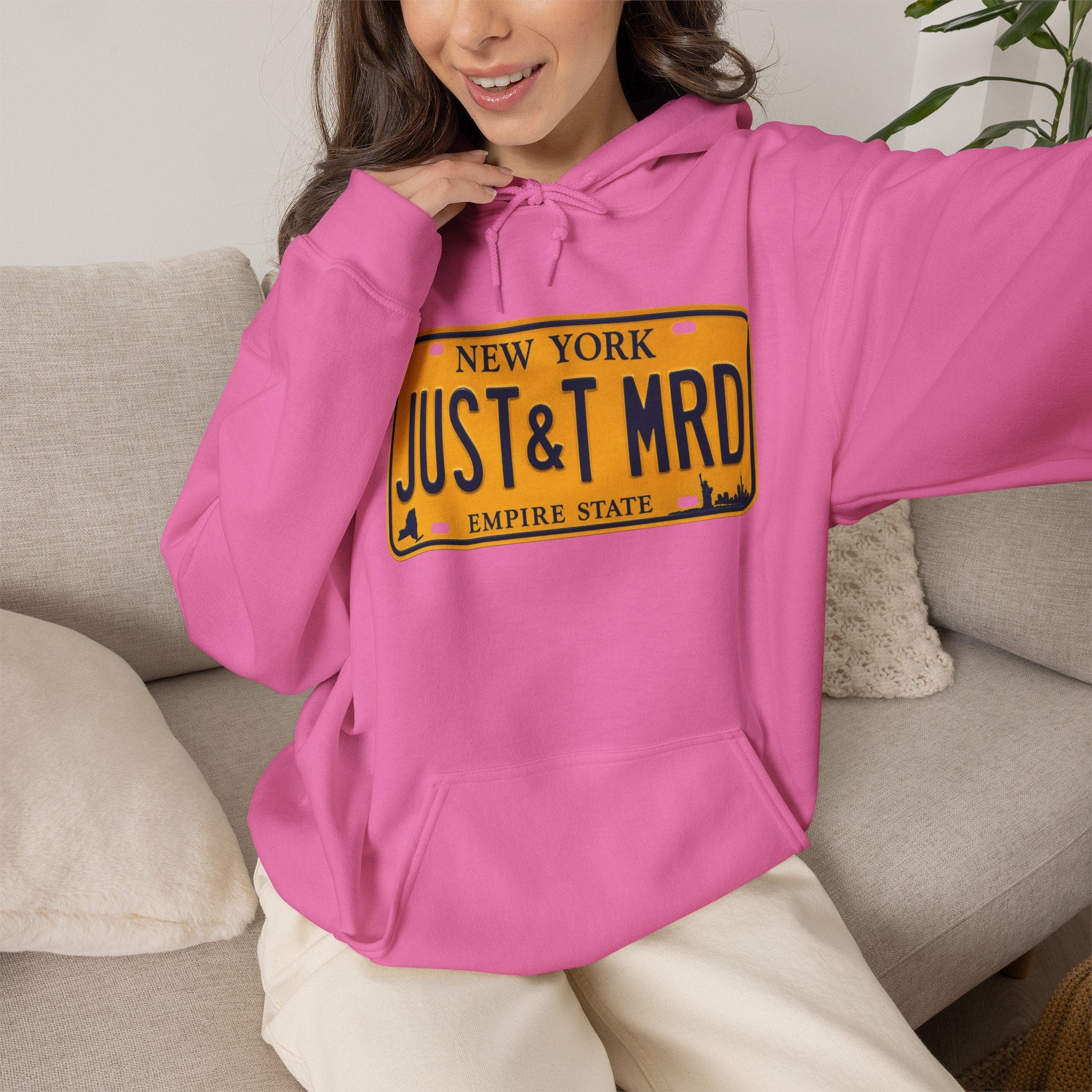 Hoodie — New York License Plate "JUST & MRD" Graphic