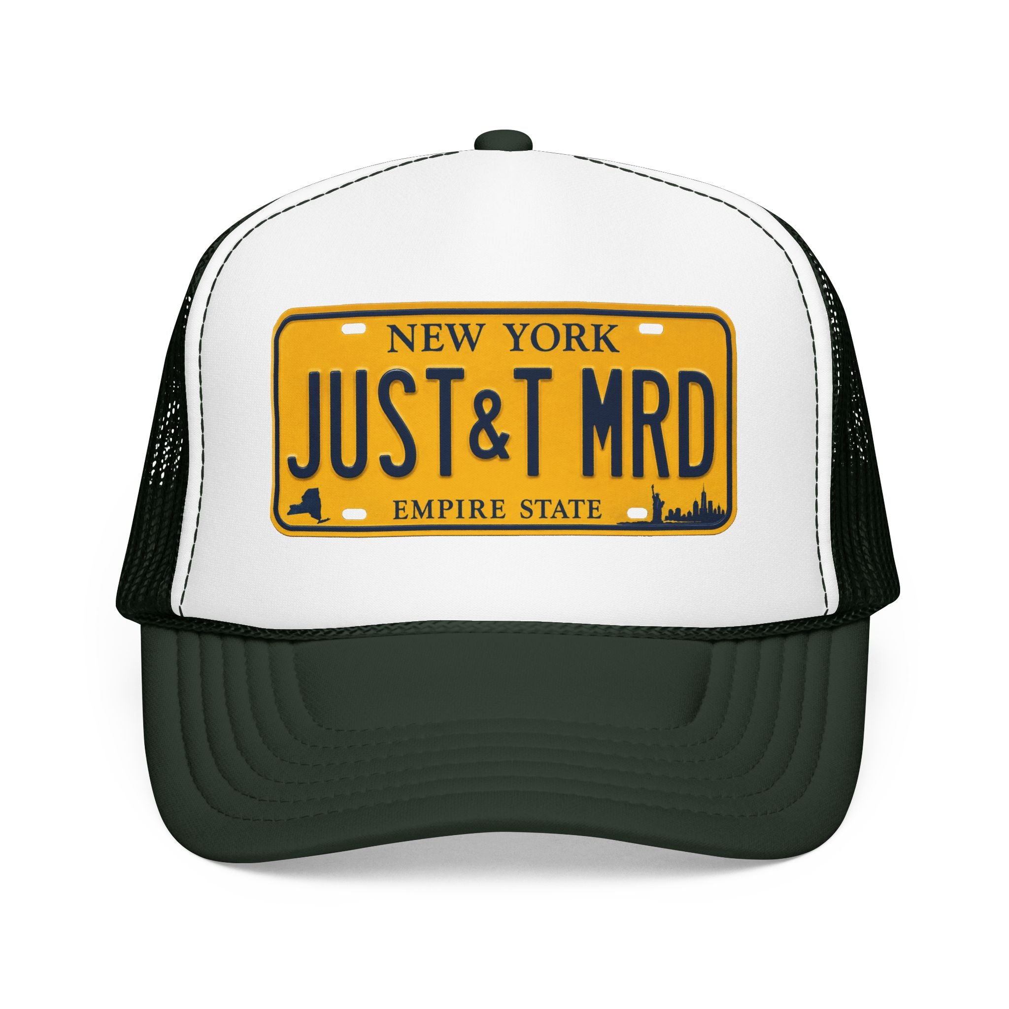 Foam Trucker Hat – Vintage New York License Plate “JUST&T MRD”