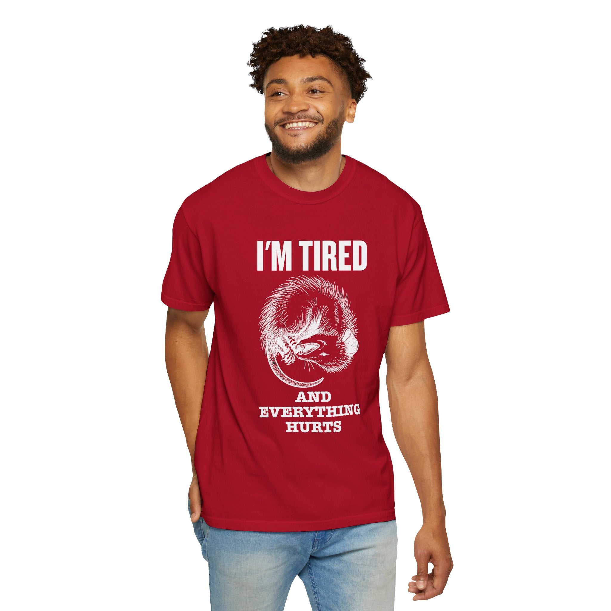 “I’m Tired And Everything Hurts” Sarcastic T-Shirt — Funny Aging Sleepy Possum Tee