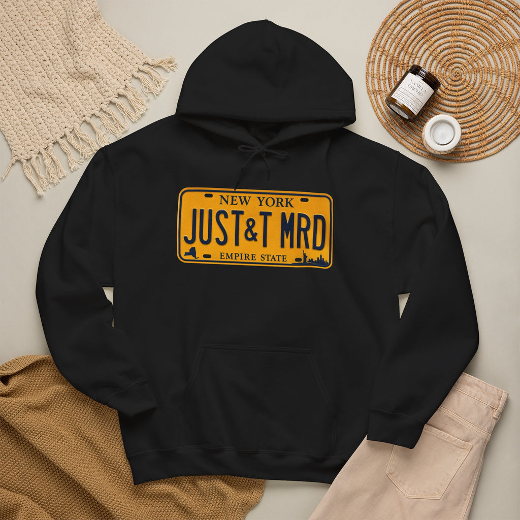 Hoodie — New York License Plate "JUST & MRD" Graphic