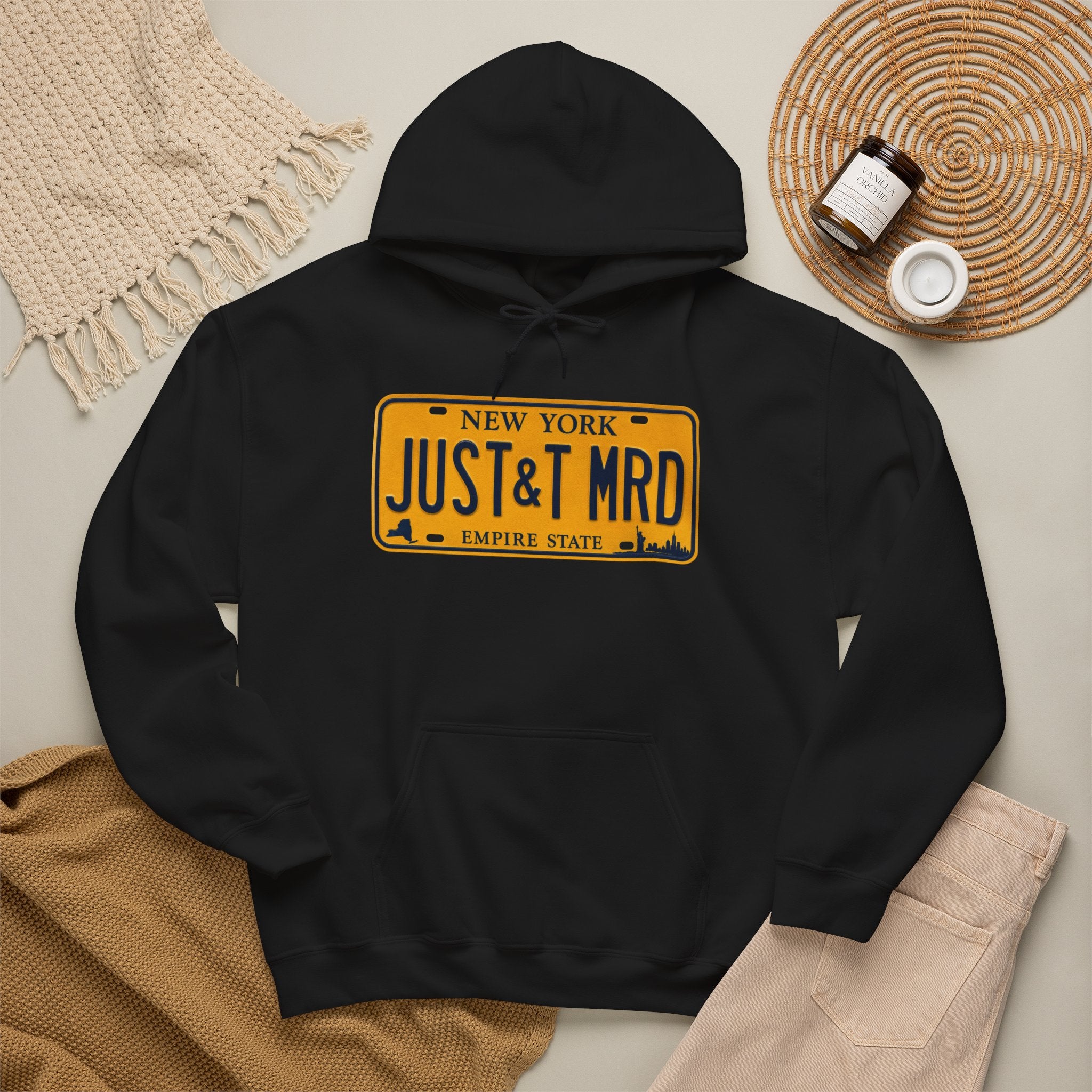 Hoodie — New York License Plate "JUST & MRD" Graphic