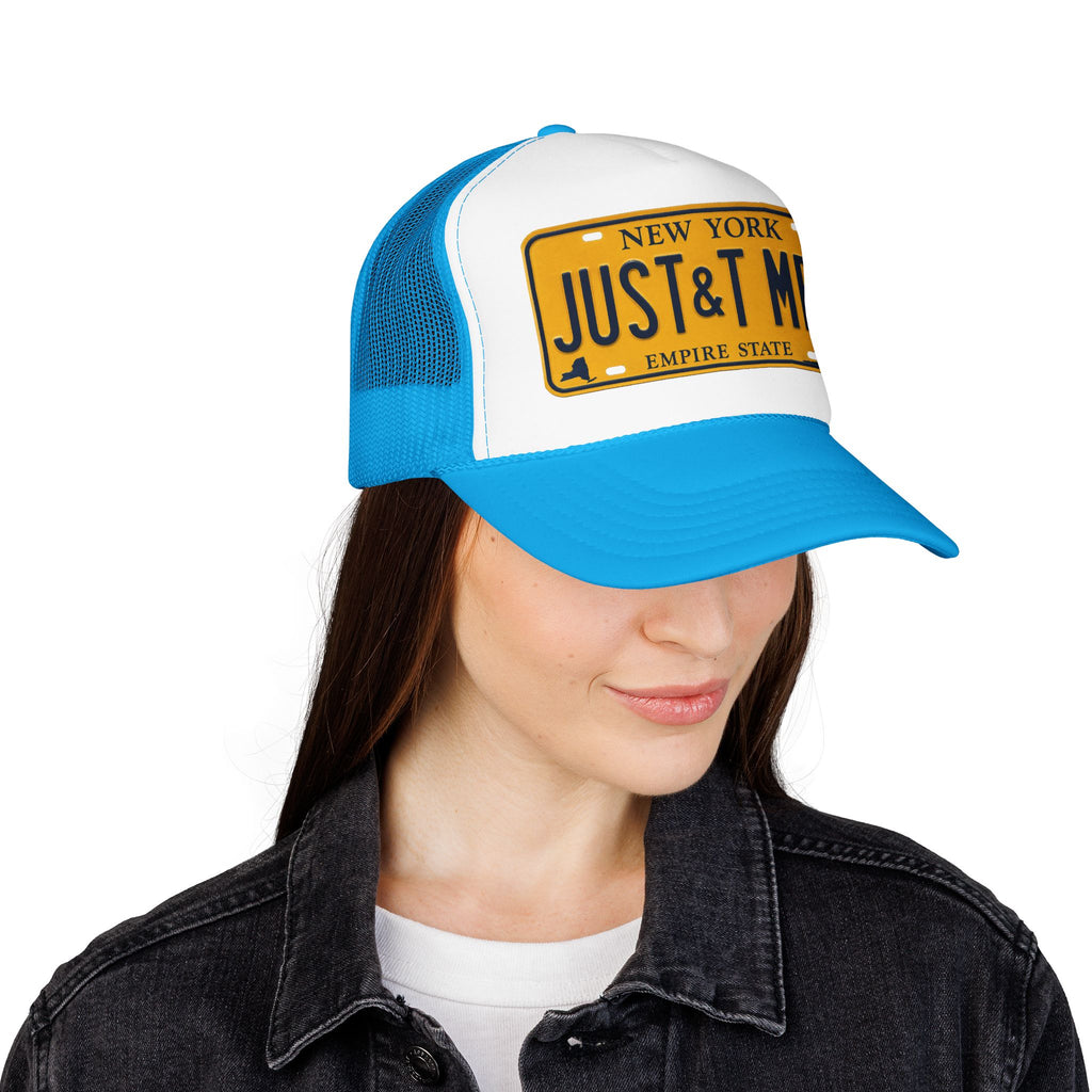 Foam Trucker Hat – Vintage New York License Plate “JUST&T MRD”