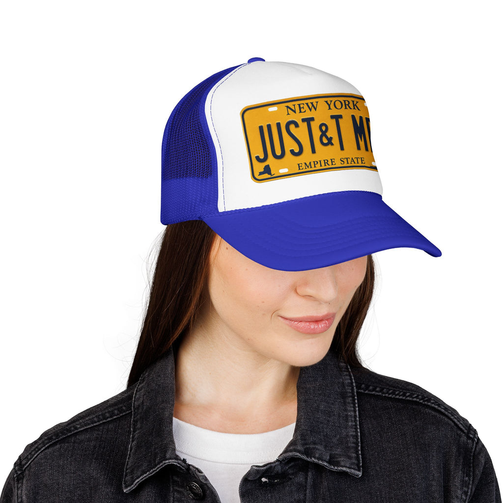 Foam Trucker Hat – Vintage New York License Plate “JUST&T MRD”