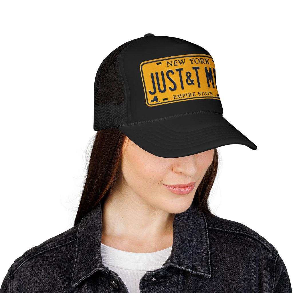 Foam Trucker Hat – Vintage New York License Plate “JUST&T MRD”