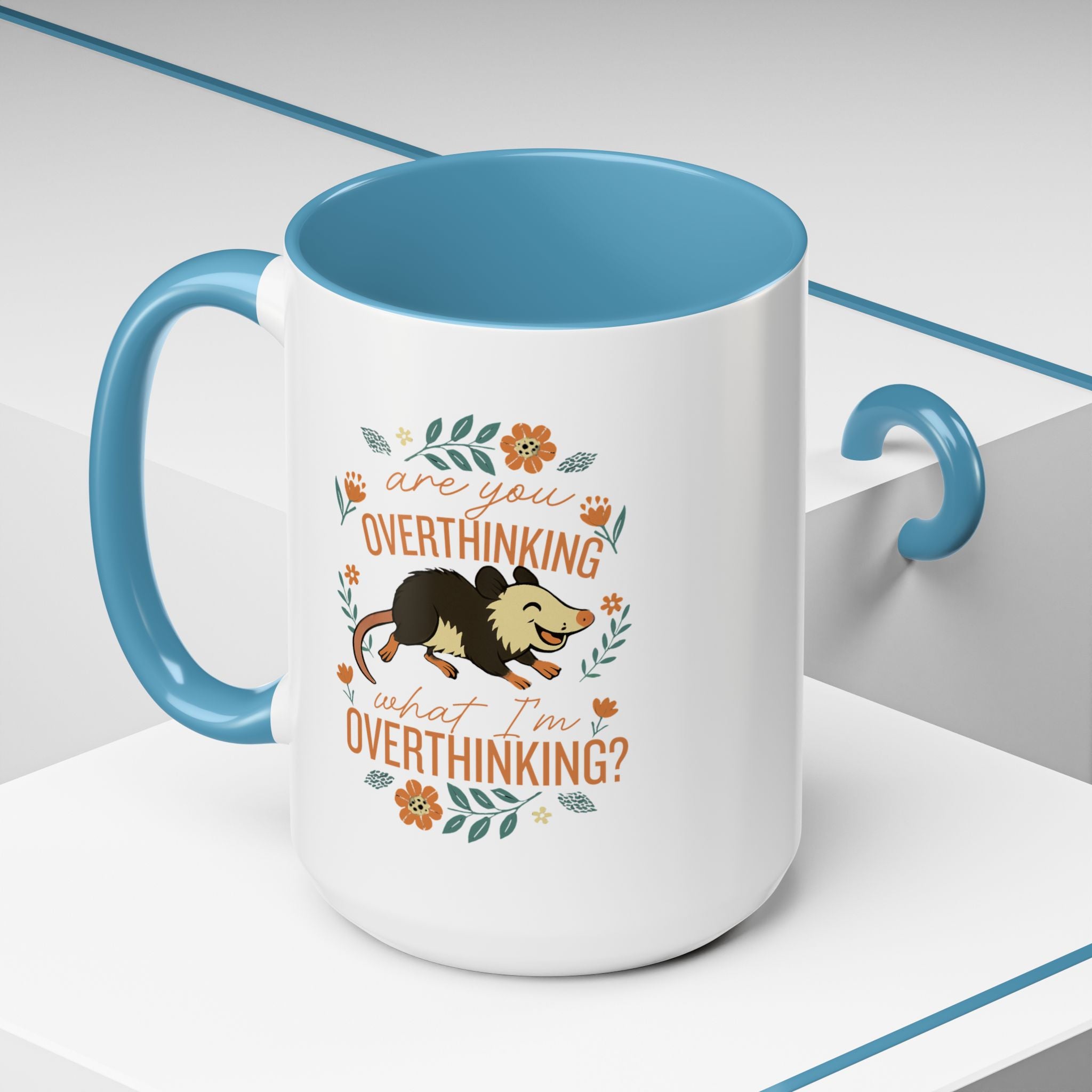 Playful Possum Floral Accent Coffee Mug — "Are You Overthinking What I'm Overthinking?"