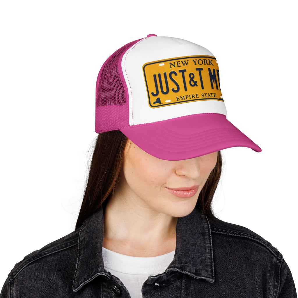 Foam Trucker Hat – Vintage New York License Plate “JUST&T MRD”