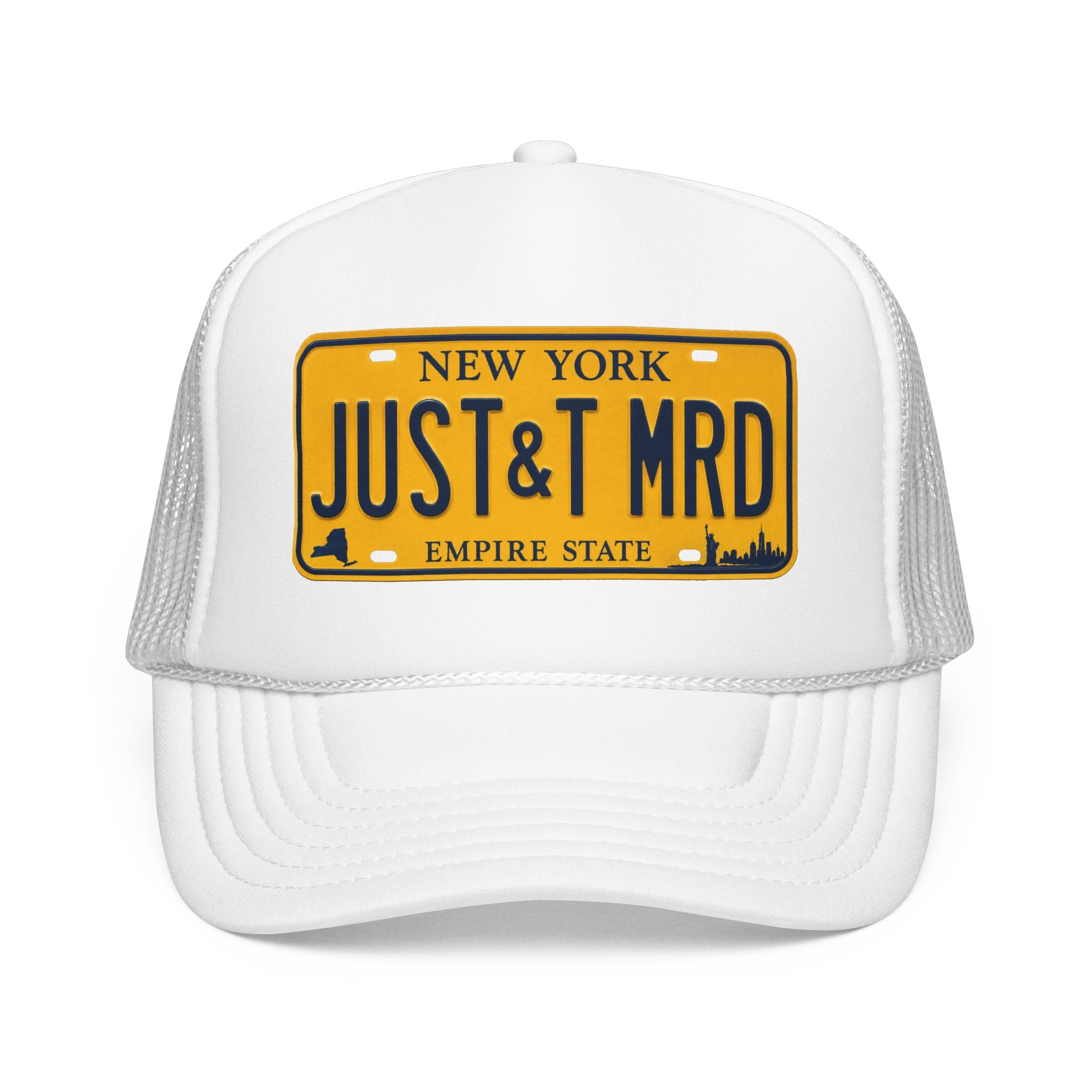 Foam Trucker Hat – Vintage New York License Plate “JUST&T MRD”