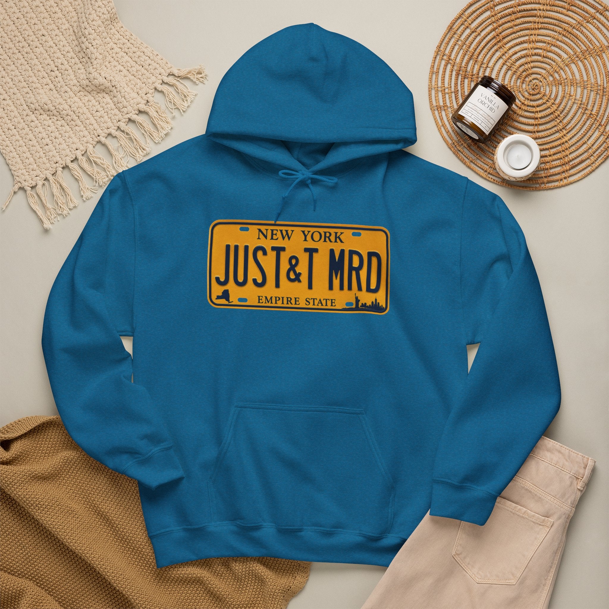 Hoodie — New York License Plate "JUST & MRD" Graphic