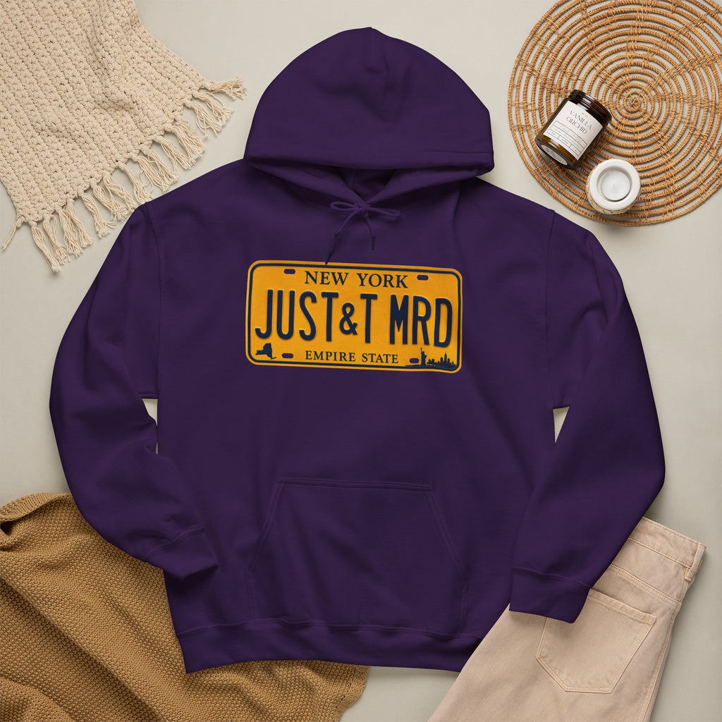 Hoodie — New York License Plate "JUST & MRD" Graphic