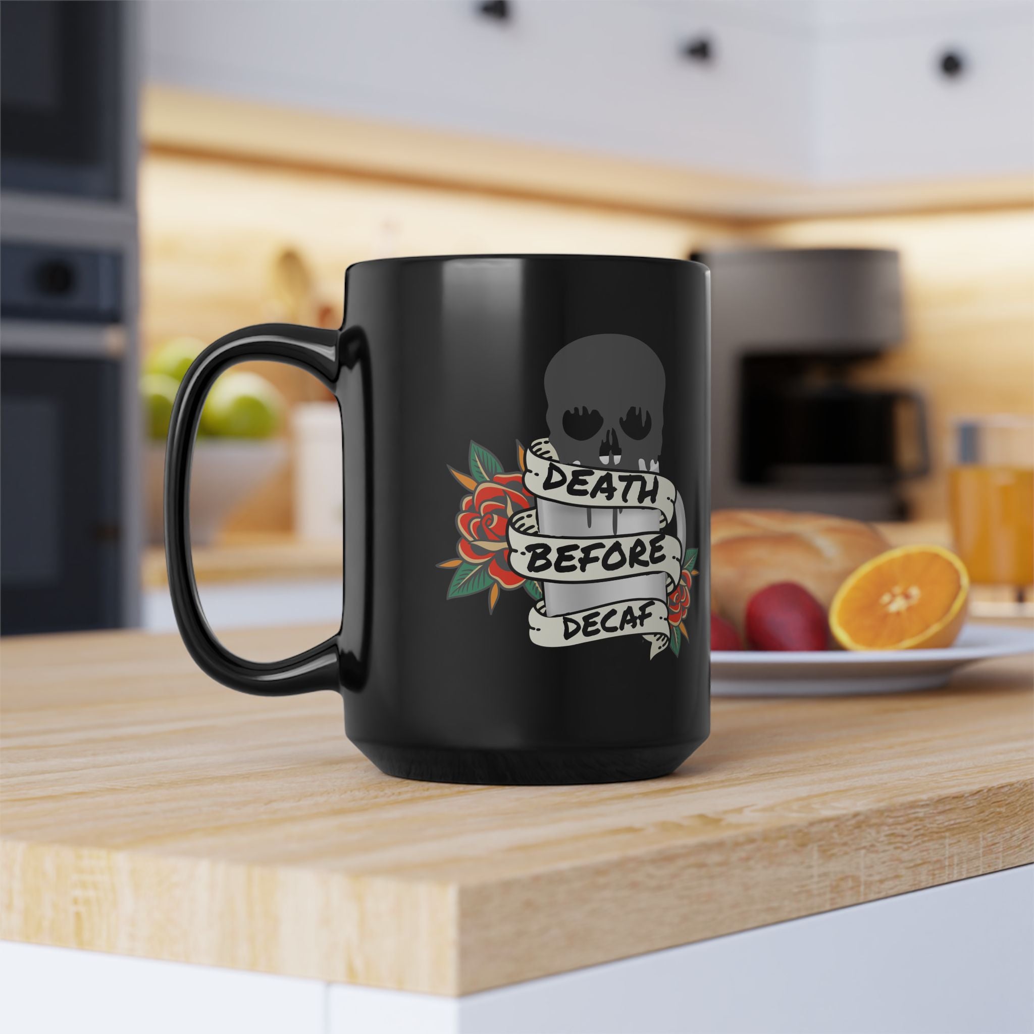 Death Before Decaf Black Coffee Mug — Skull & Rose Tattoo Design (11oz, 15oz)