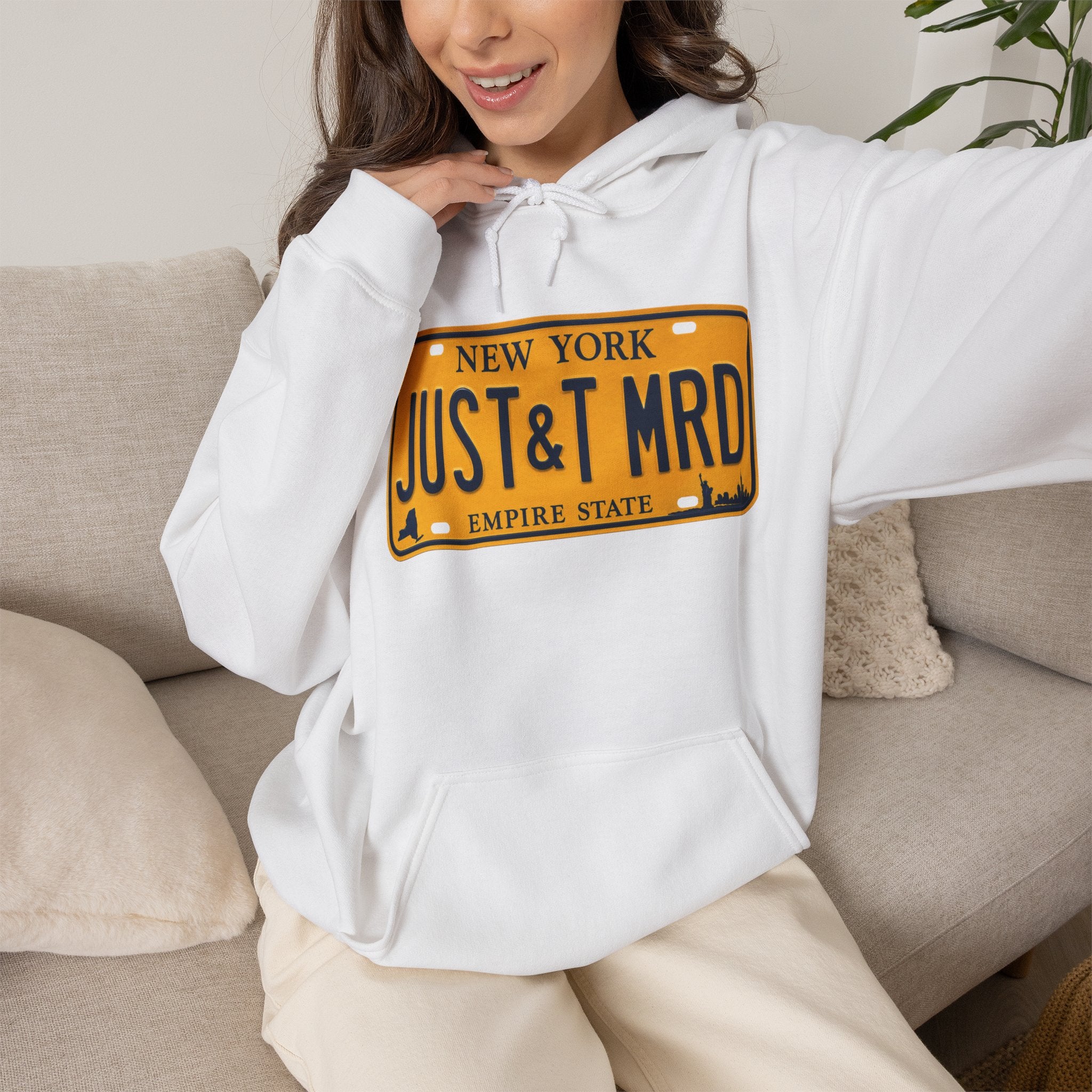 Hoodie — New York License Plate "JUST & MRD" Graphic