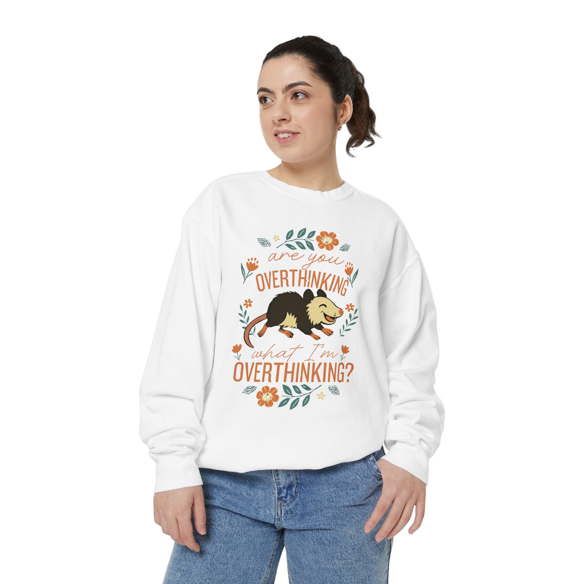 Funny Possum Sweatshirt — "Are You Overthinking What I'm Overthinking?" Crew Neck Sweathsirt from Comfort Colors
