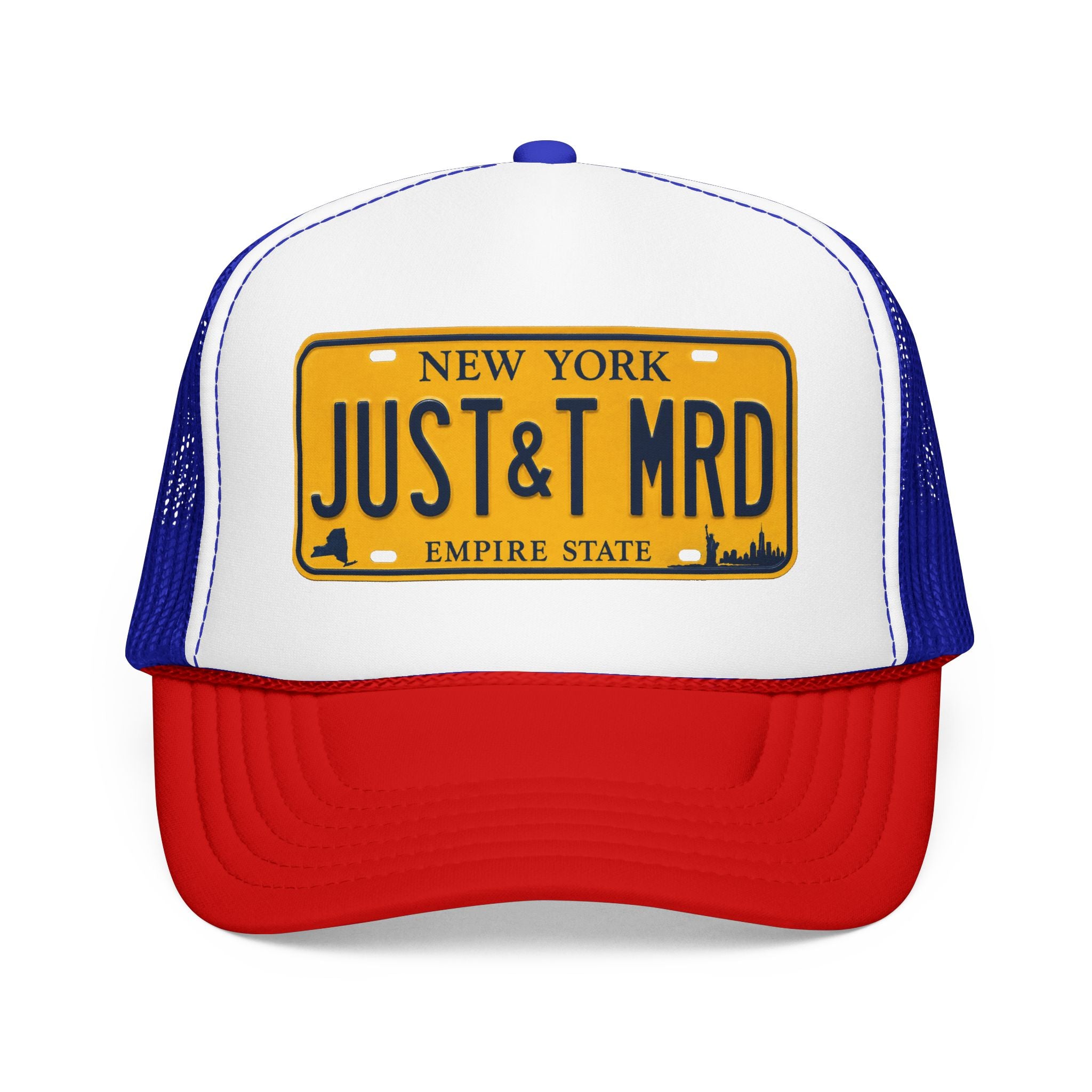 Foam Trucker Hat – Vintage New York License Plate “JUST&T MRD”
