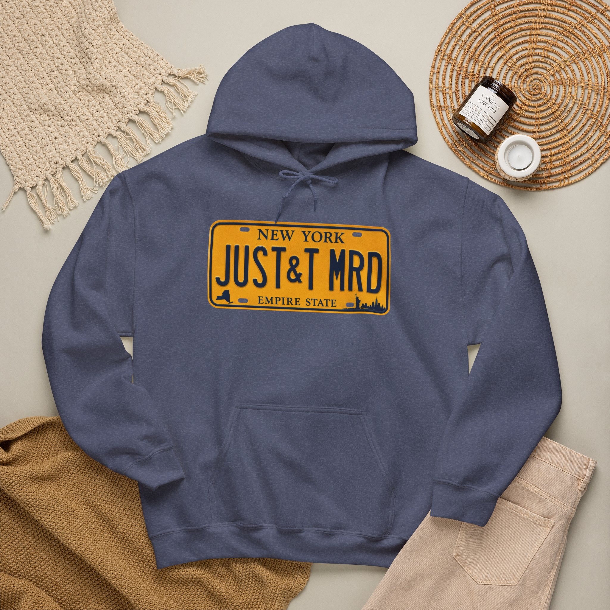 Hoodie — New York License Plate "JUST & MRD" Graphic