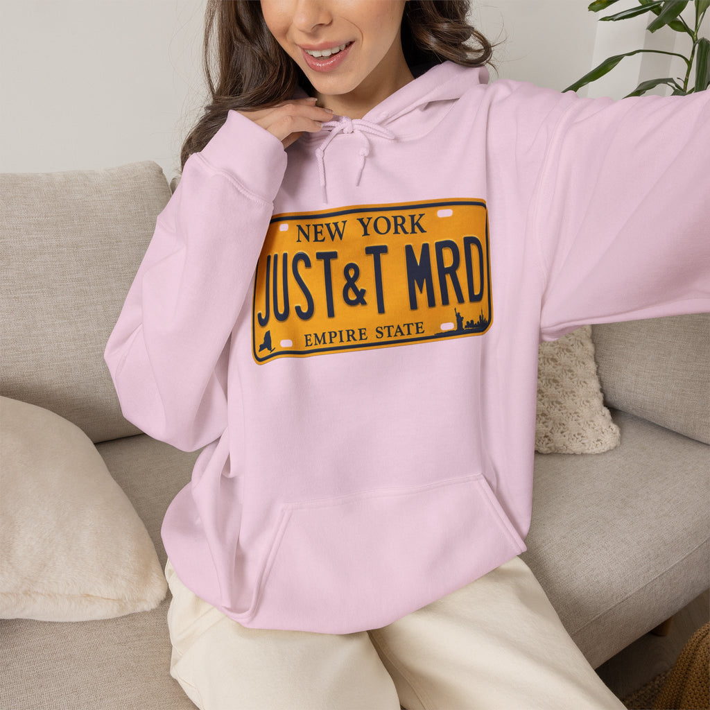 Hoodie — New York License Plate "JUST & MRD" Graphic