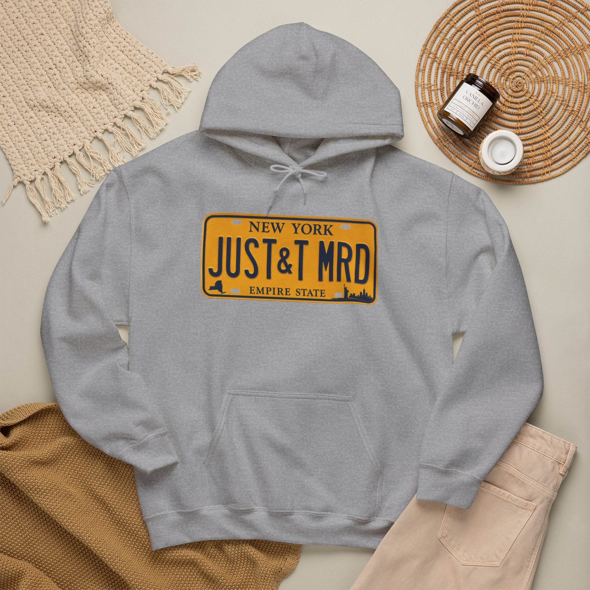 Hoodie — New York License Plate "JUST & MRD" Graphic