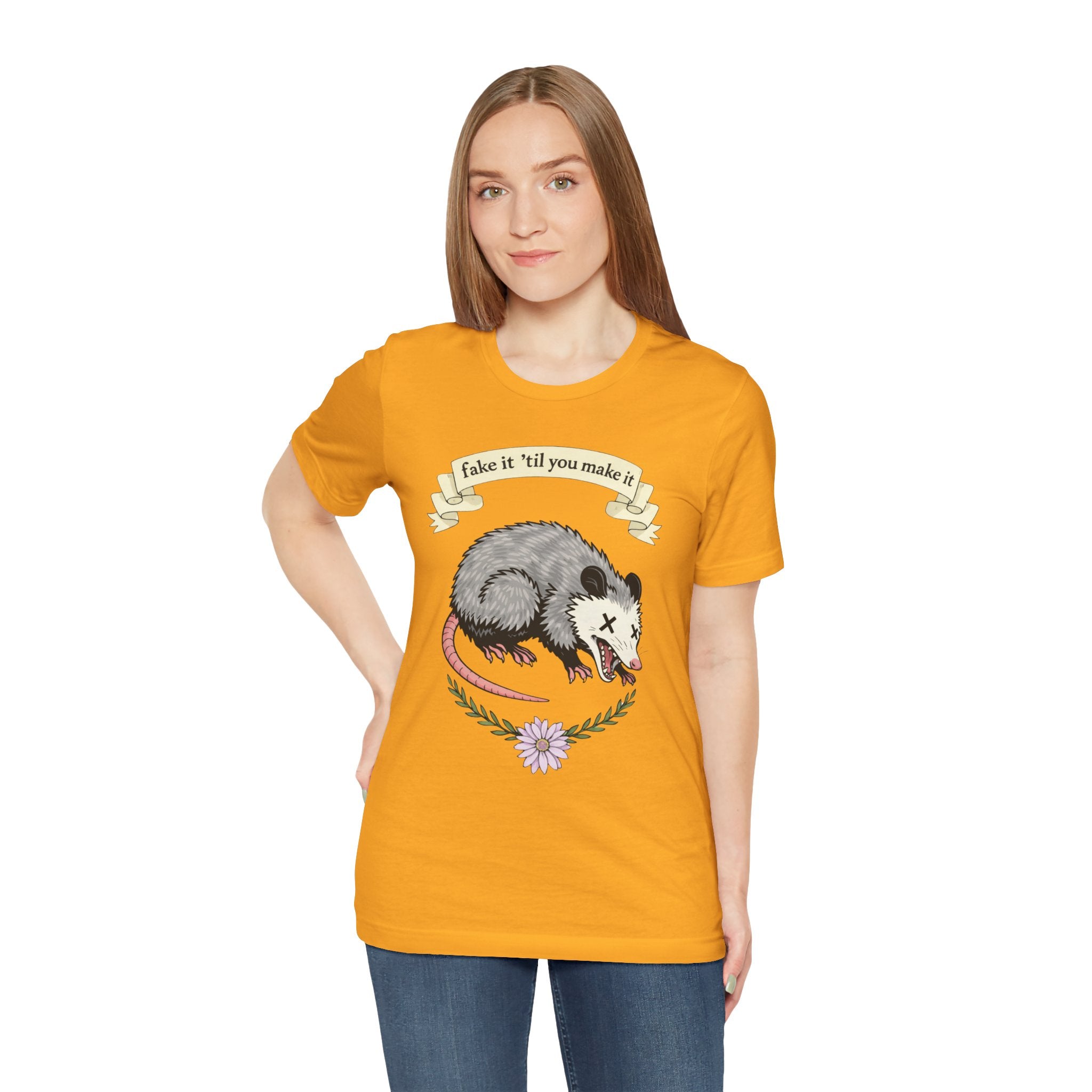 "Fake It 'Til You Make It" Possum Tee — Play Dead Funny Graphic T-Shirt
