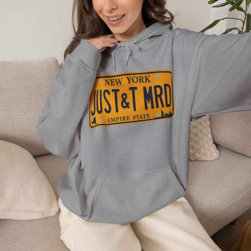 Hoodie — New York License Plate "JUST & MRD" Graphic